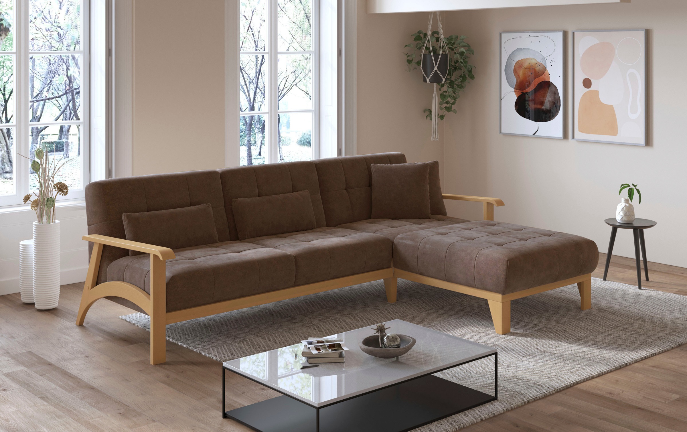 sit&more Ecksofa »Billund L-Form«, Armlehnen aus eichefarbigem Buchenholz, verschiedene Bezüge und Farben