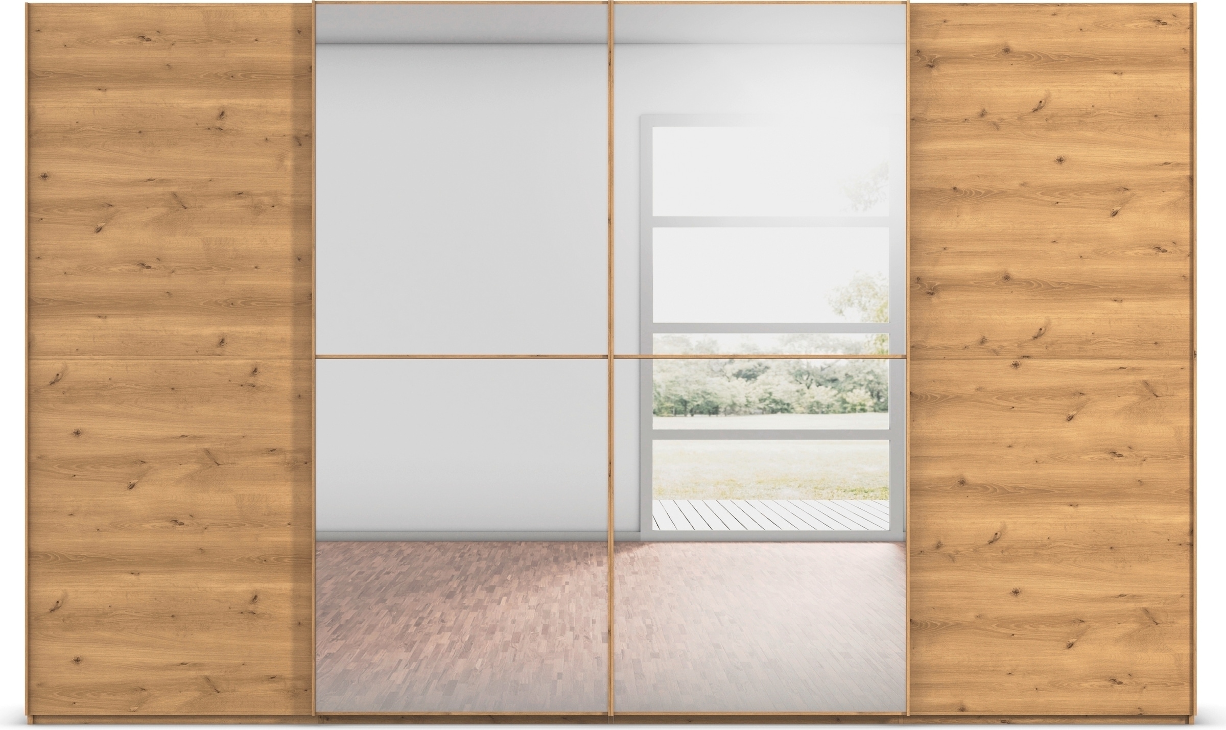 rauch Schwebetürenschrank »Kleiderschrank Schrank Garderobe Schlafzimmerschrank SCALE-DUO«, edle zweigeteilte Türen, Spiegel und 3 Zierleisten MADE IN GERMANY