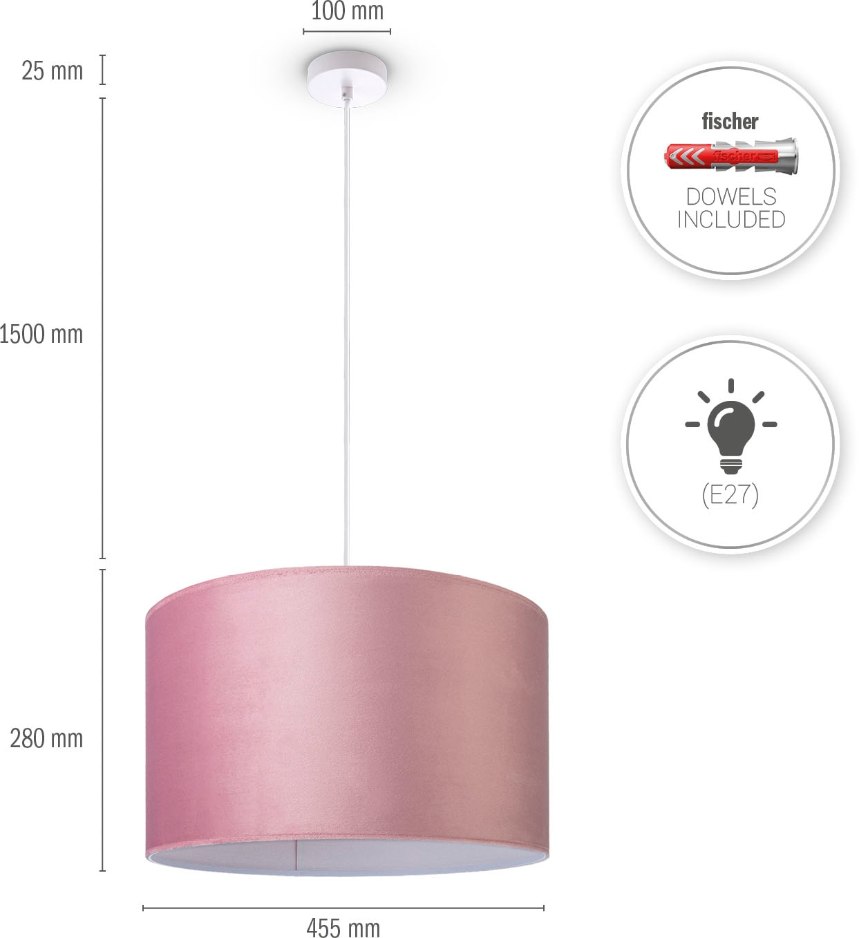 Paco Home Pendelleuchte »Hugo uni Color«, Leuchtmittel E27 | ohne Leuchtmittel, Wohnzimmer Lampenschirm aus Velour Unifarben Deko E27 Kabel 1,5m