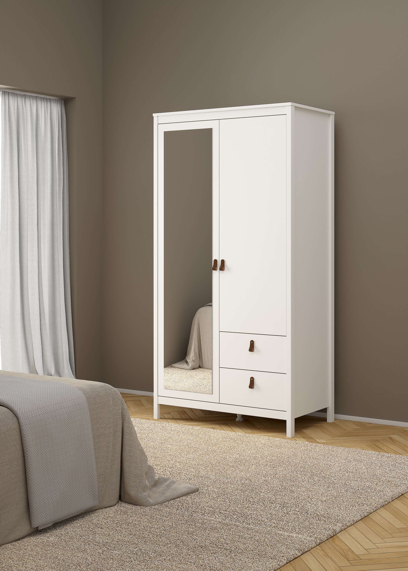 Home affaire Drehtürenschrank »Madrid, Schrank, Kleiderschrank« Skandinavisches Design, Wahlweise Leder- oder Metallgriffe, Spiegel