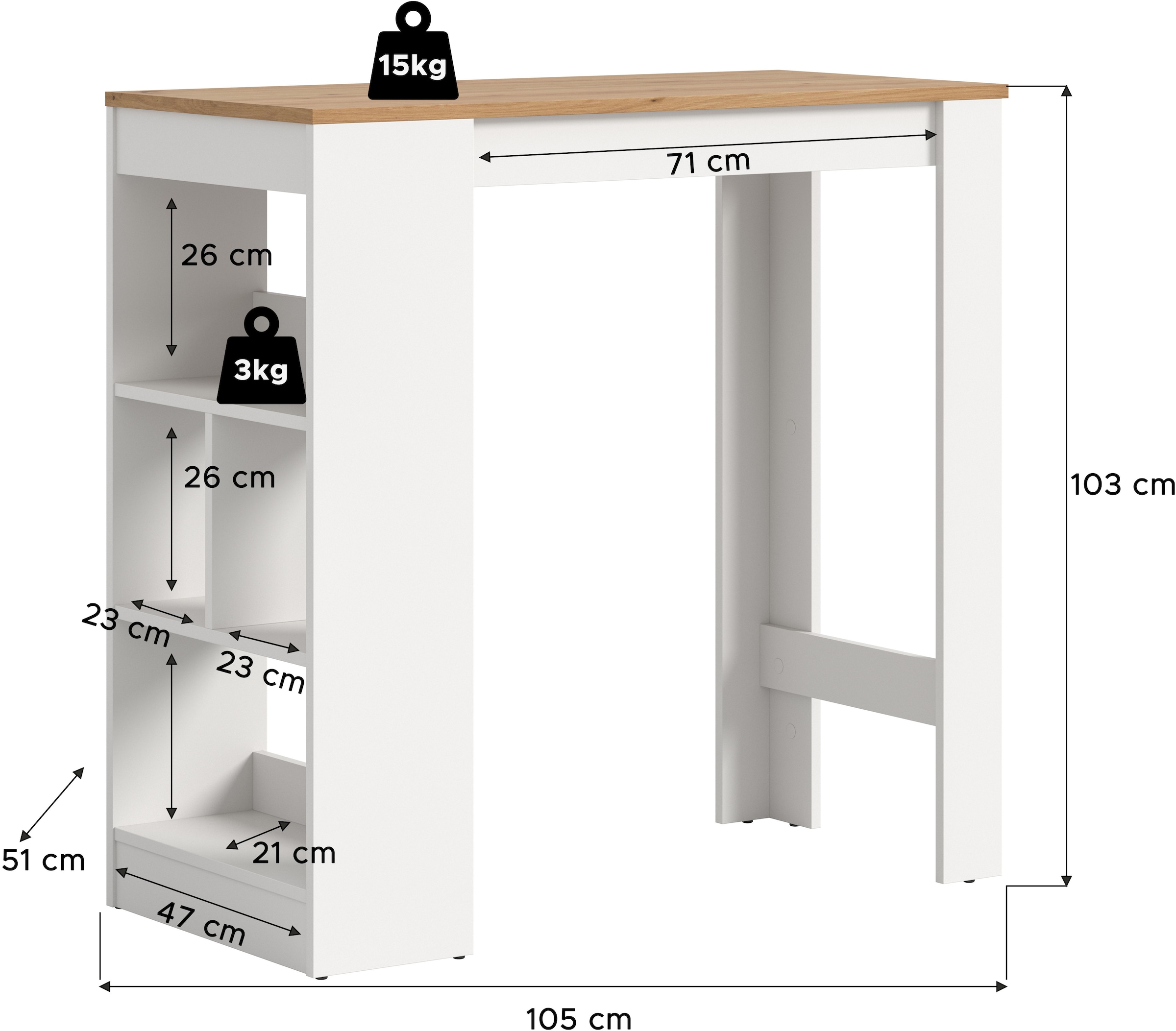 OTTO home Bartisch »NORDBY, Breite x Höhe: 105 x 103cm, 4 offene Fächer« Esstisch, Stehtisch, Tresentisch, Bistrotisch, Küchentisch