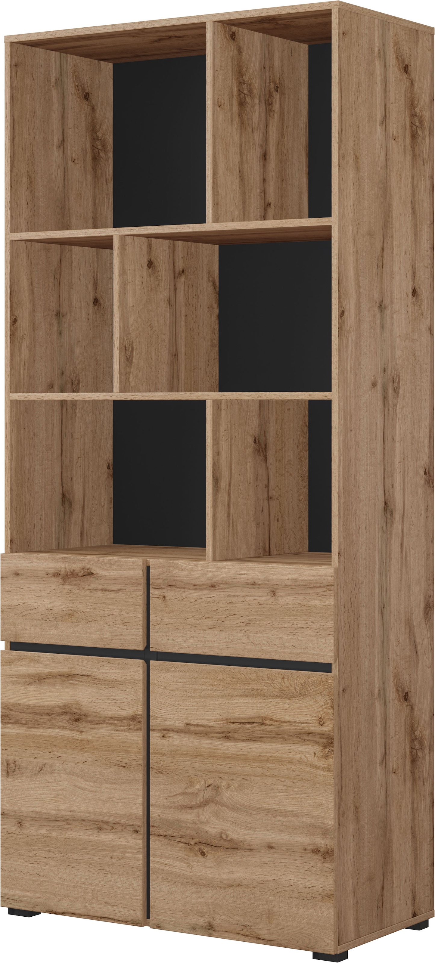 OTTO home Aktenschrank »Cross, Breite 85 cm, modernem grifflose Standregal, Bücherregal« Standregal mit 6 offene Fächern, 2 Schubladen und 2 Türen, Büroregal