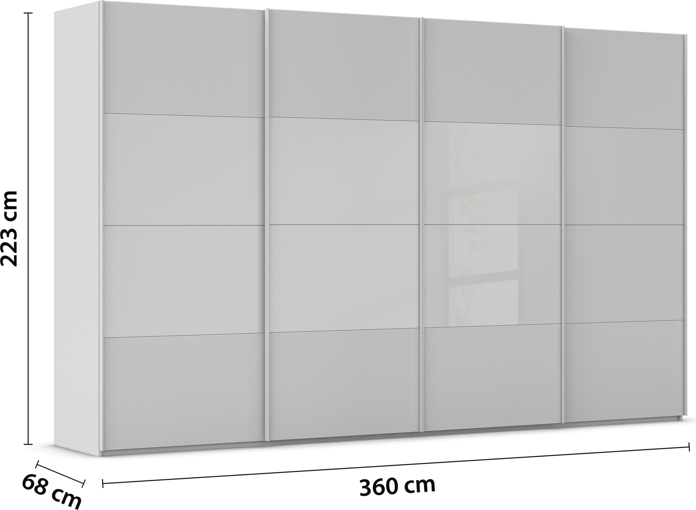 rauch Schwebetürenschrank »Kleiderschrank Schrank Garderobe Schlafzimmerschrank SCALE-FYRA«, edle Türen viergeteilt Glas matt/glänzend viele Farben MADE IN GERMANY