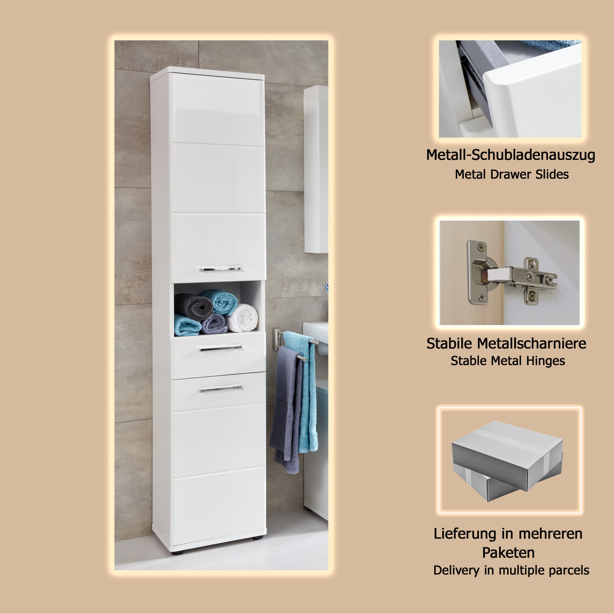 welltime Hochschrank »Mora«, Hochschrank mit 2 Türen, 1 Schublade - (B/T/H) 37/34/189 cm