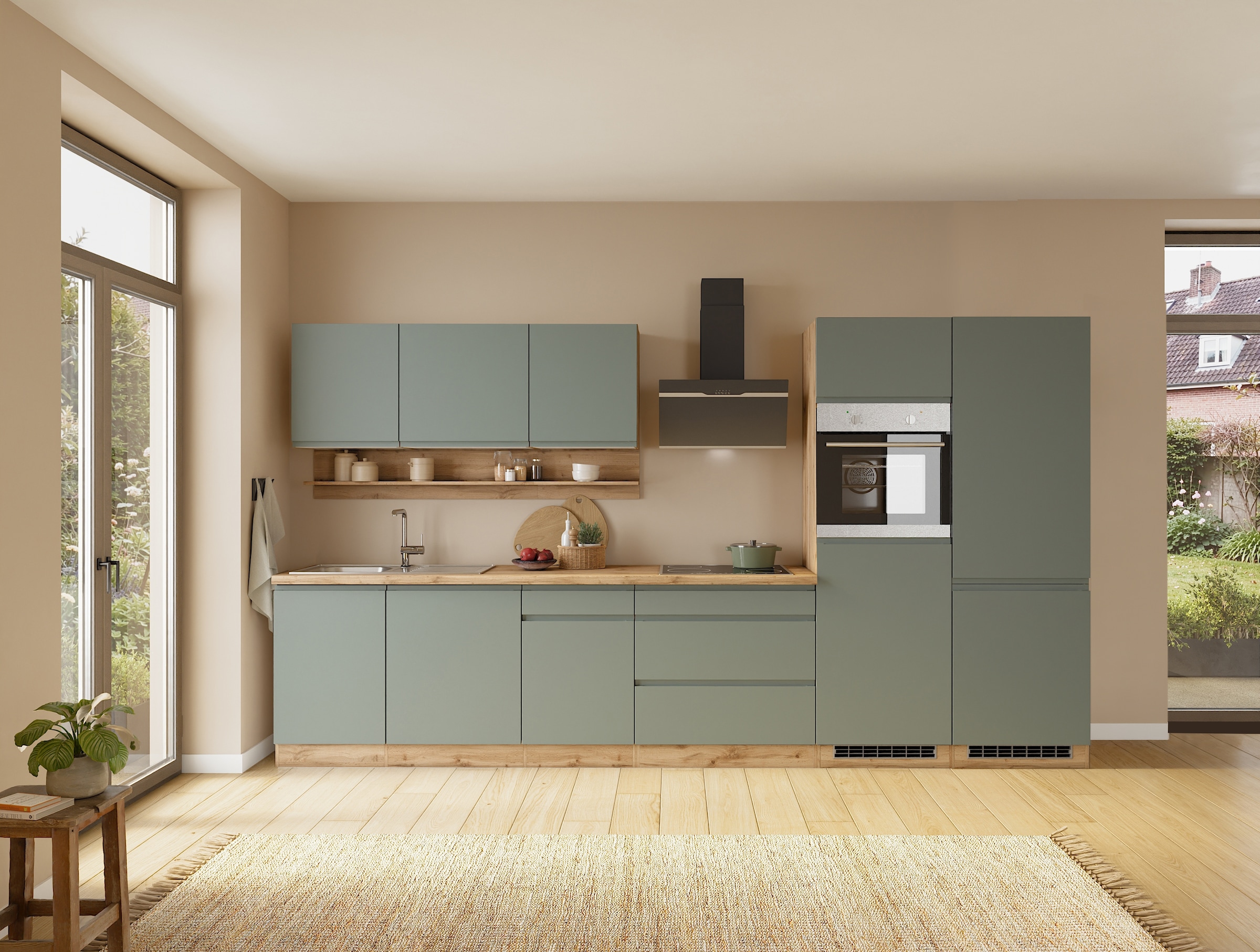 KOCHSTATION Küchenzeile »KS-Virginia,neu in verbesserter Ausführung« Arbeitsplatte 38 mm stark, Stauraum, Softclose,  Breite 360 cm, Softclose, wahlweise mit E-Geräten und Induktion