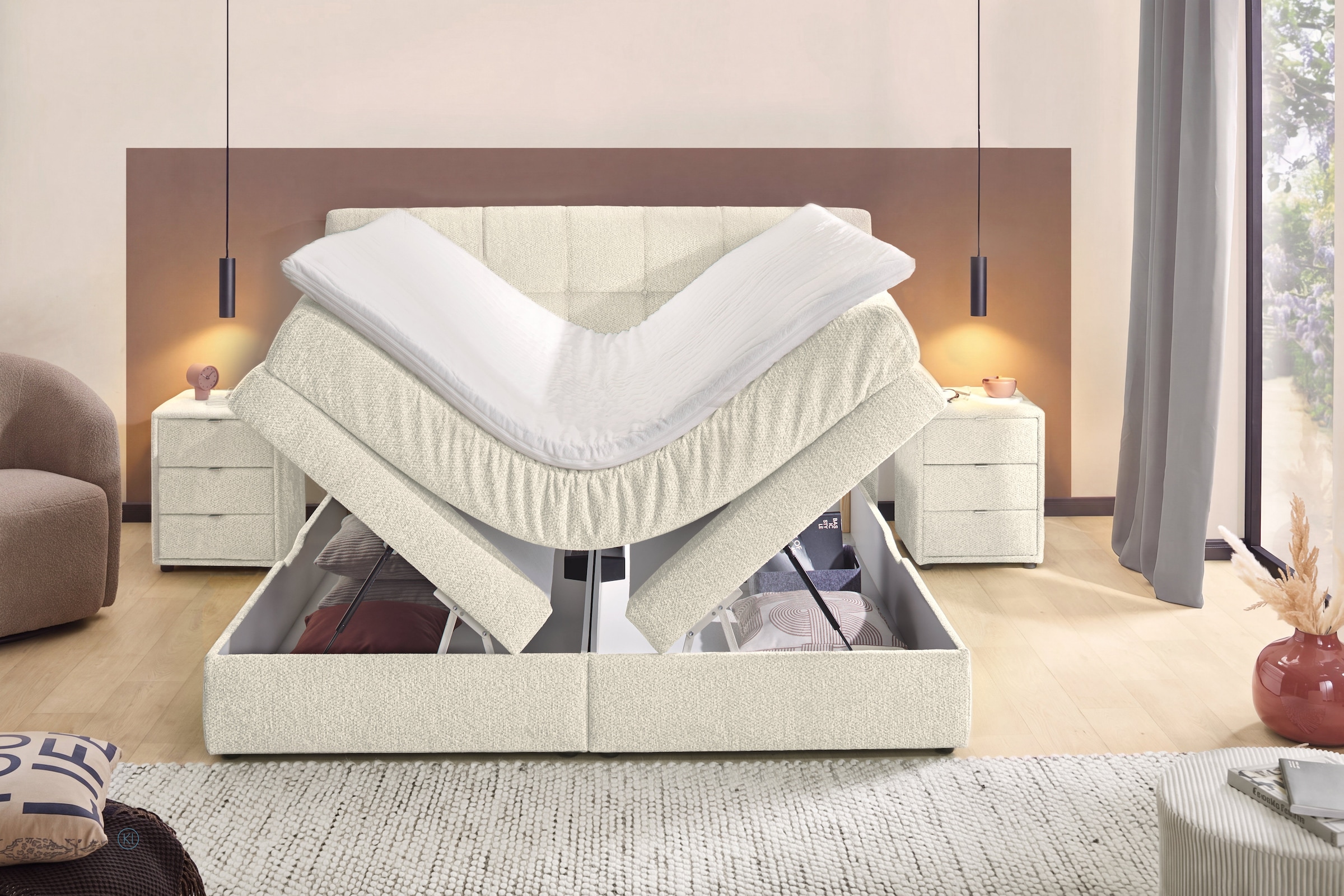 Jockenhöfer Gruppe Boxspringbett »AMY mit Bettkasten, inkl. Taschenfederkernmatratze Härtegrad H3-H4« mit 6 cm Kaltschaum-Topper, Chenille-Bezug, 180x200 und 200x200 cm