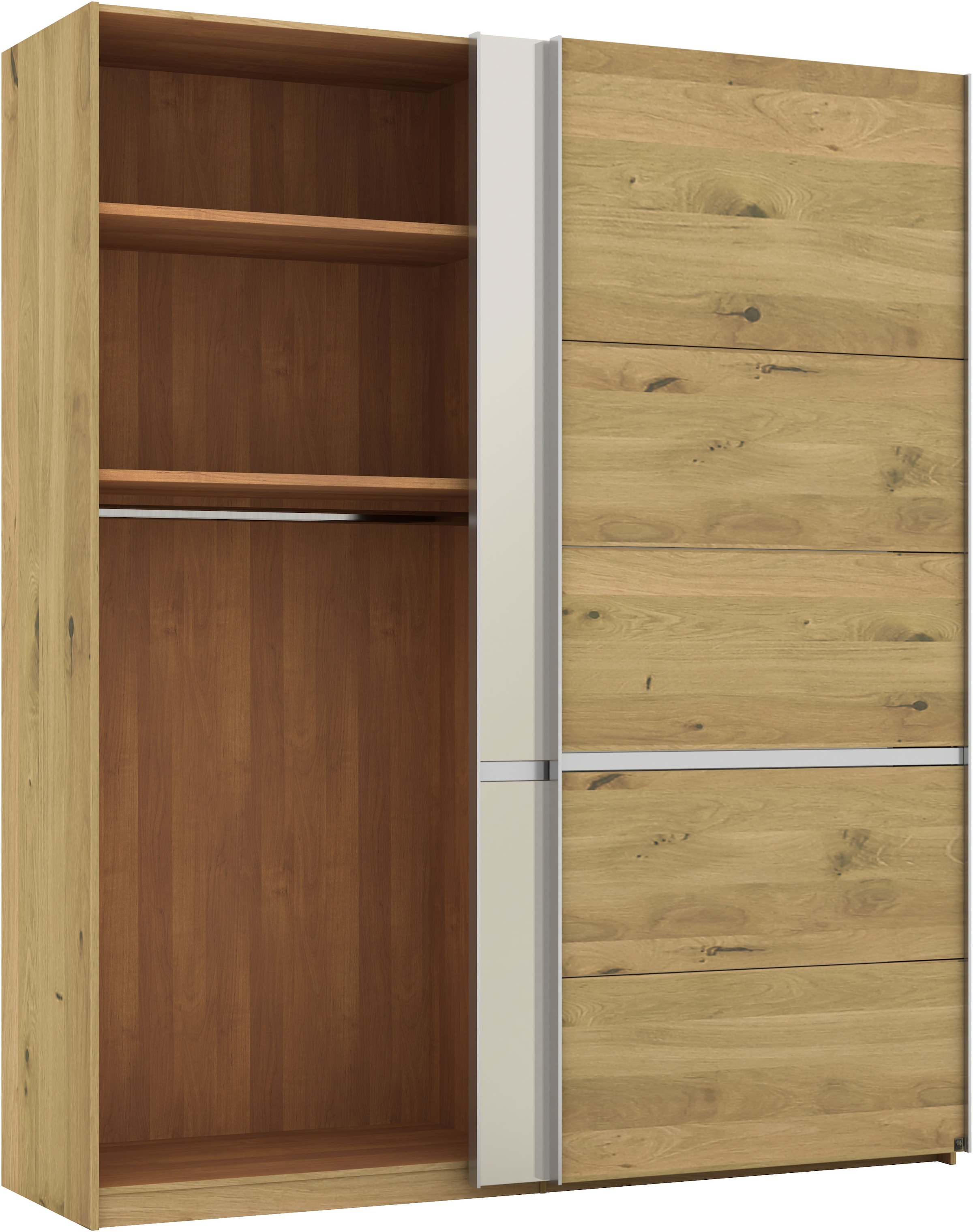 Musterring Schwebetürenschrank »Savona, Kleiderschrank, Schrank, Garderobe, mit Schiebetüren«, (Teilmassiv Bianco-Eiche, mit Spiegel oder Glas, MADE IN GERMANY), Türen Bianco-Eiche massiv, Spiegel-/Glastüren, eingelegte Chromleiste
