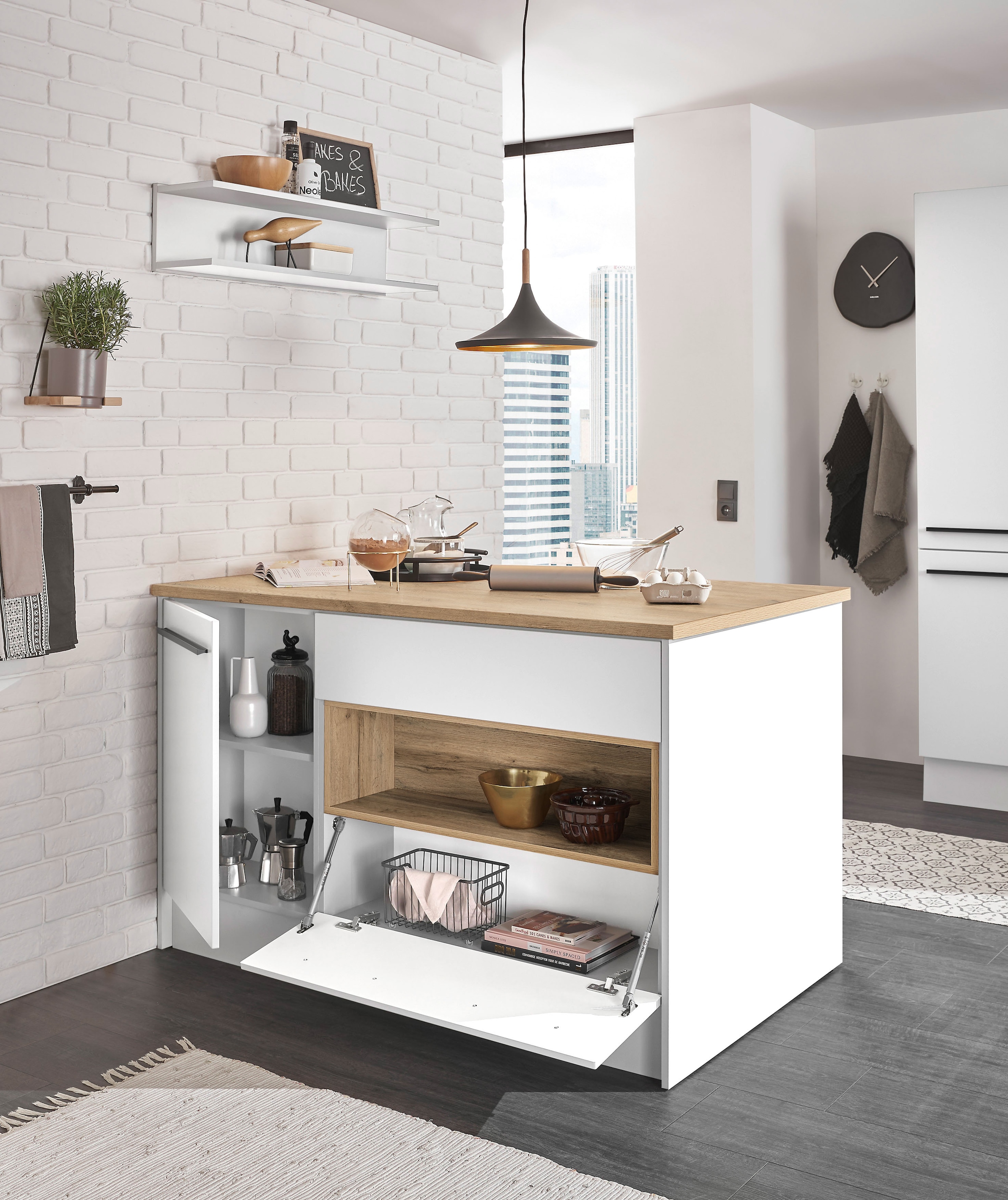 BASIC by Balculina Kücheninsel »Denver, Kochinsel + Küchenregal BxHxT 145 x 90 x 90/BxHxT 90x22x21« Breite 145 cm, mit Tür, Schubkasten, Klappe und offenem Fach