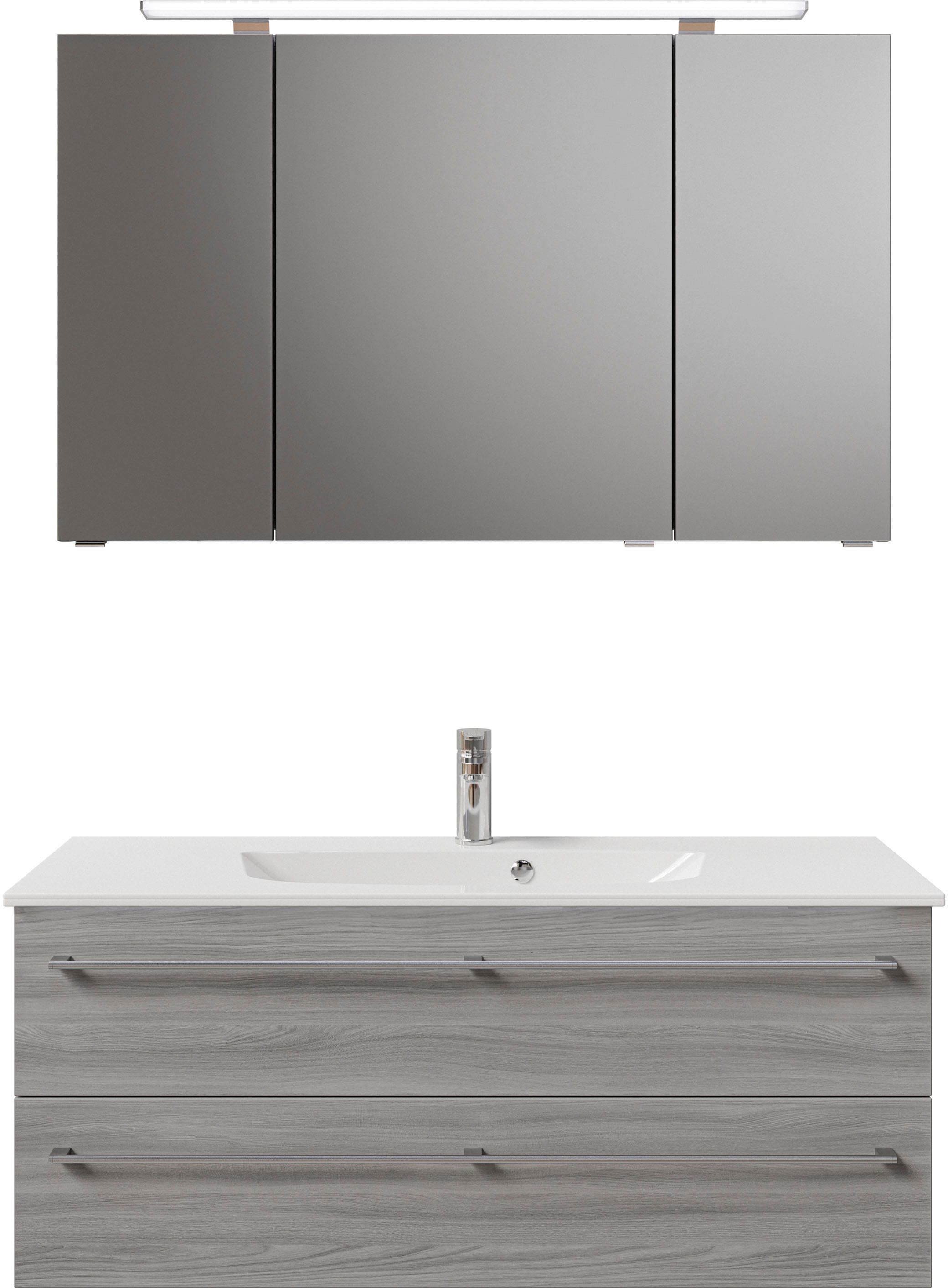 Saphir Badmöbel-Set »Serie 6025 2-teilig Mineralmarmor-Waschtisch mit LED-Spiegelschrank«, (2 St.), Waschplatz 117cm breit, 2 Schubladen, 3 Spiegel-Türen, inkl Türdämpfer