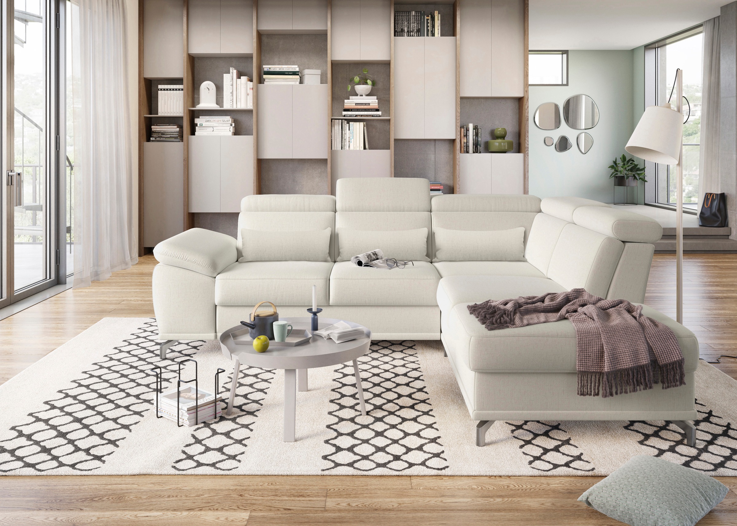 sit&more Ecksofa »Cabrio L-Form, mit Sitztiefenverstellung, Arm- und Kopfteilverstellung«, 3 Nierenkissen, Federkern, optional Bettfunktion und Stauraum