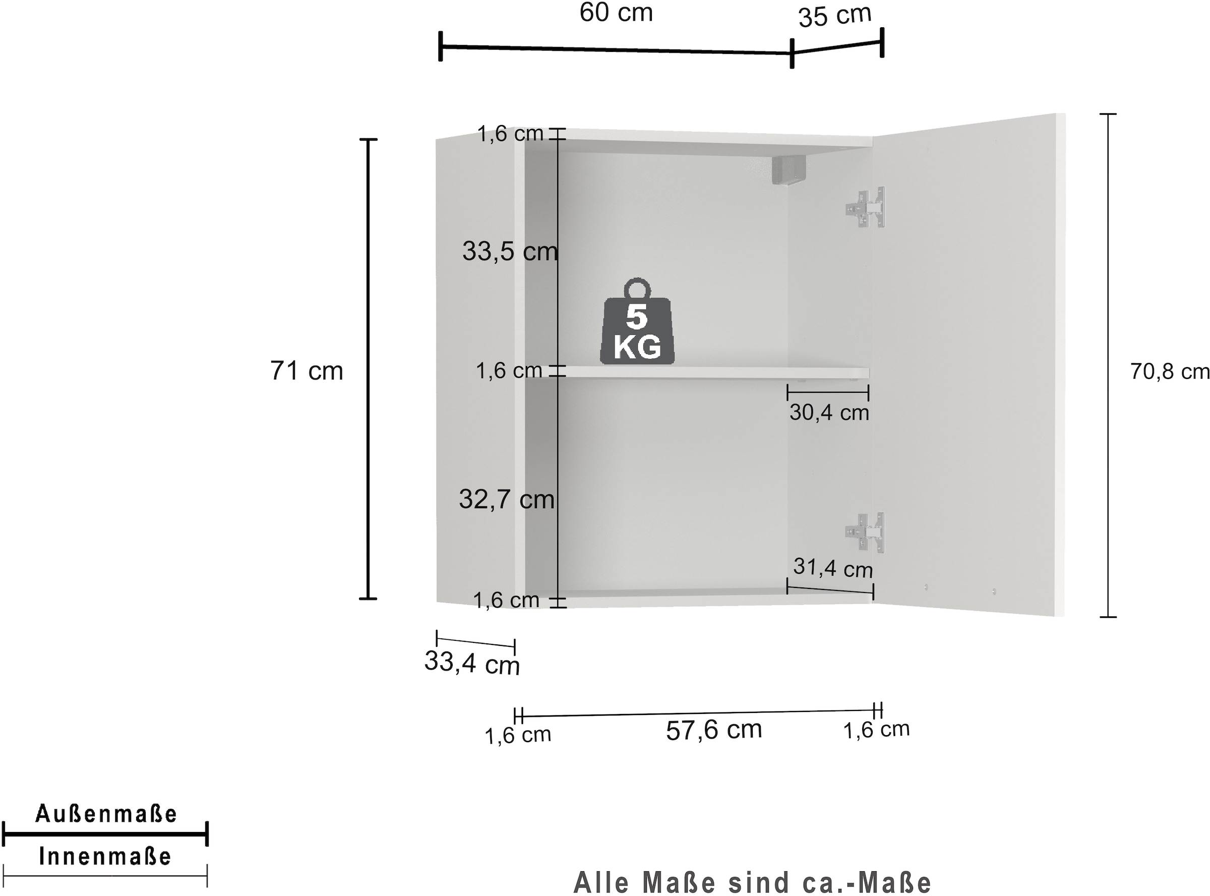 KOCHSTATION Hängeschrank »Luna, Oberschrank,  Küchenhängeschrank, Made in Italy« B/T/H: 60×35×71 cm, zusätzlicher Stauraum über der Arbeitsfläche