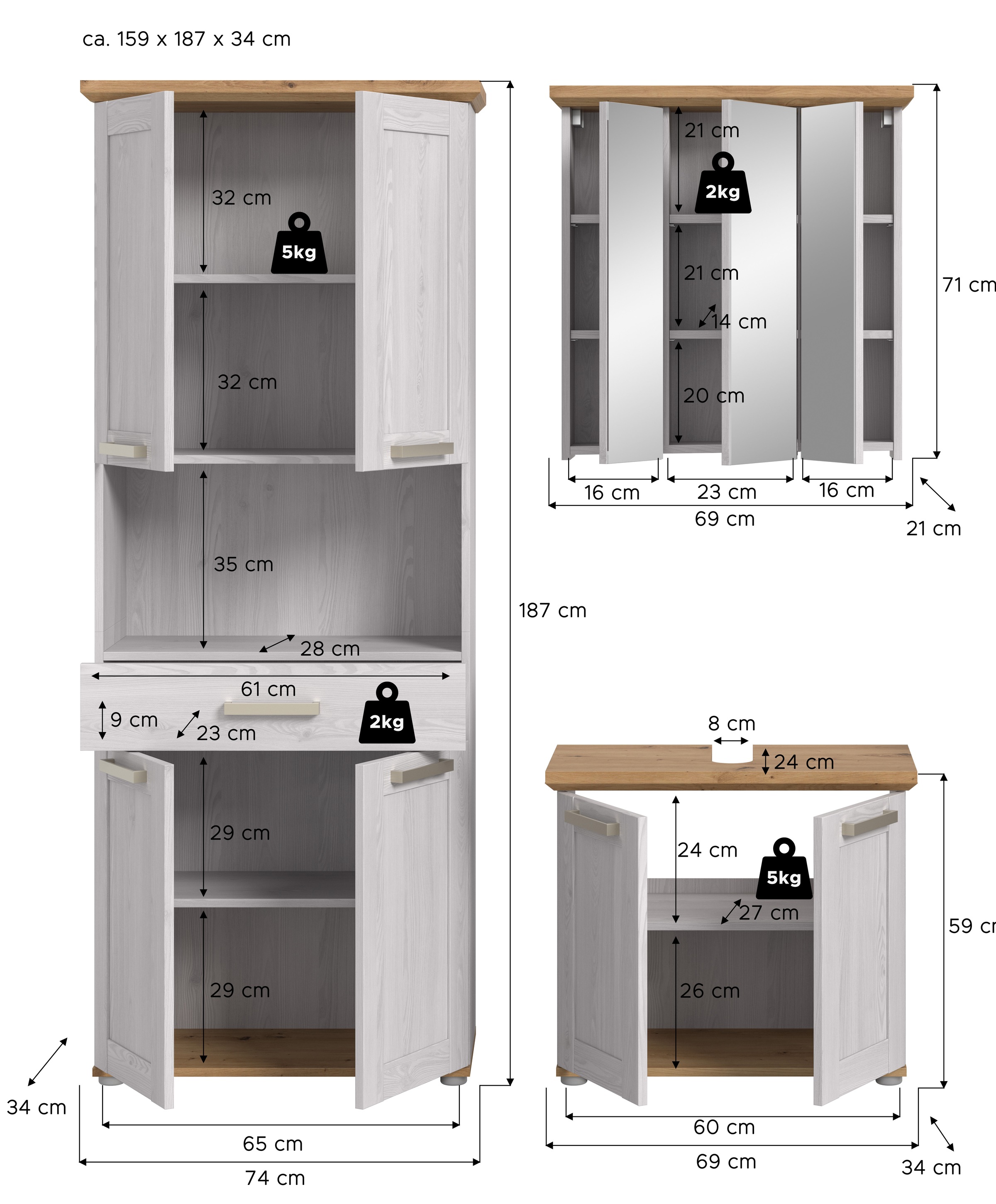 welltime Badmöbel-Set »COSENZA, 3-teilig, in Landhausoptik, mit farblich abgesetztem Kranz« best. aus: Hochschrank, Spiegelschrank und Waschbeckenunterschrank, 3 Stk. tlg.
