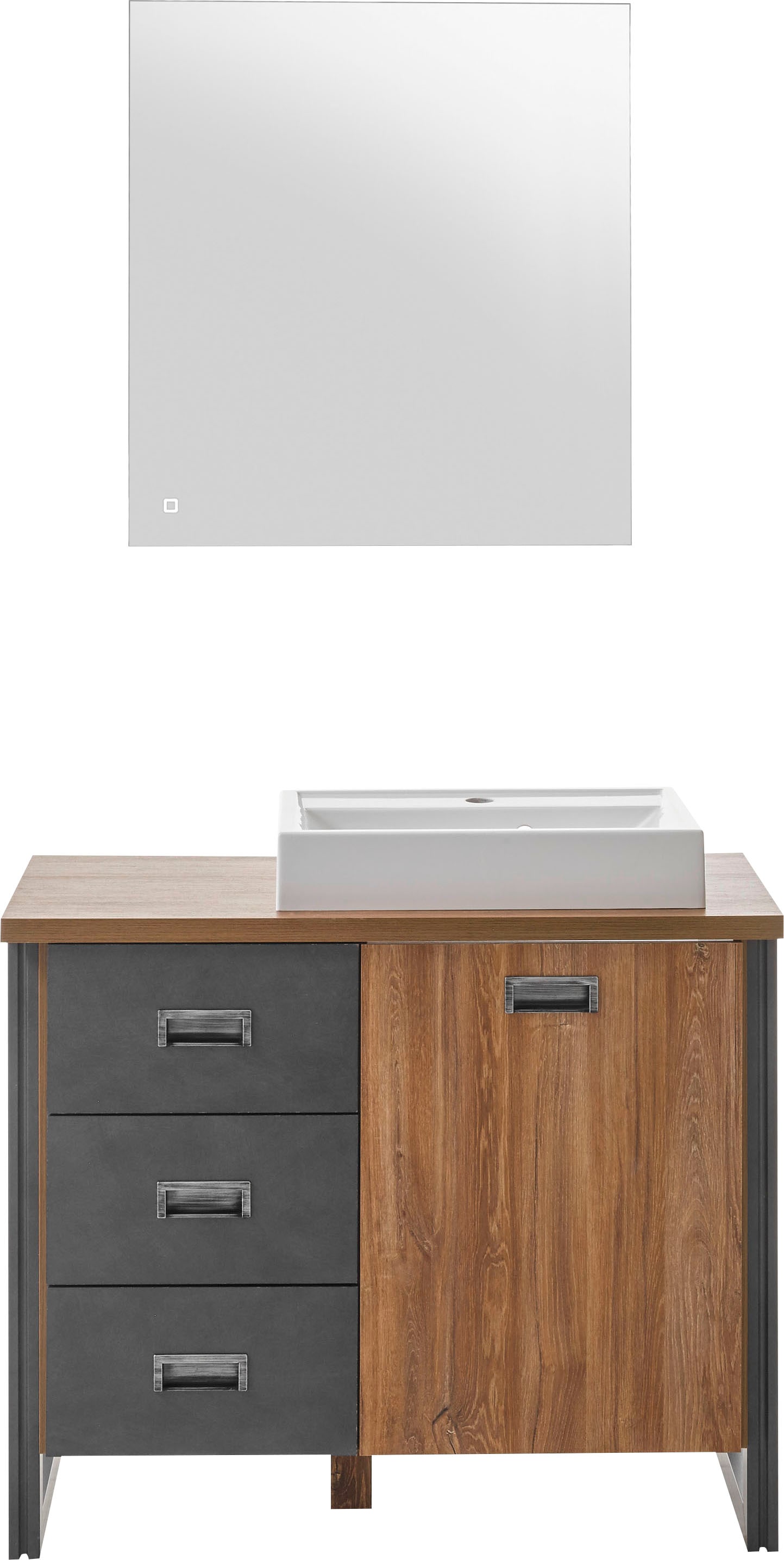 Home affaire Badmöbel-Set »Detroit, Bad im Industrialdesign, inkl. LED, 2-teiliges Badezimmer«, (2 St.), Waschtisch und Spiegel, inkl. Aufsatzwaschbecken aus Mineralguss