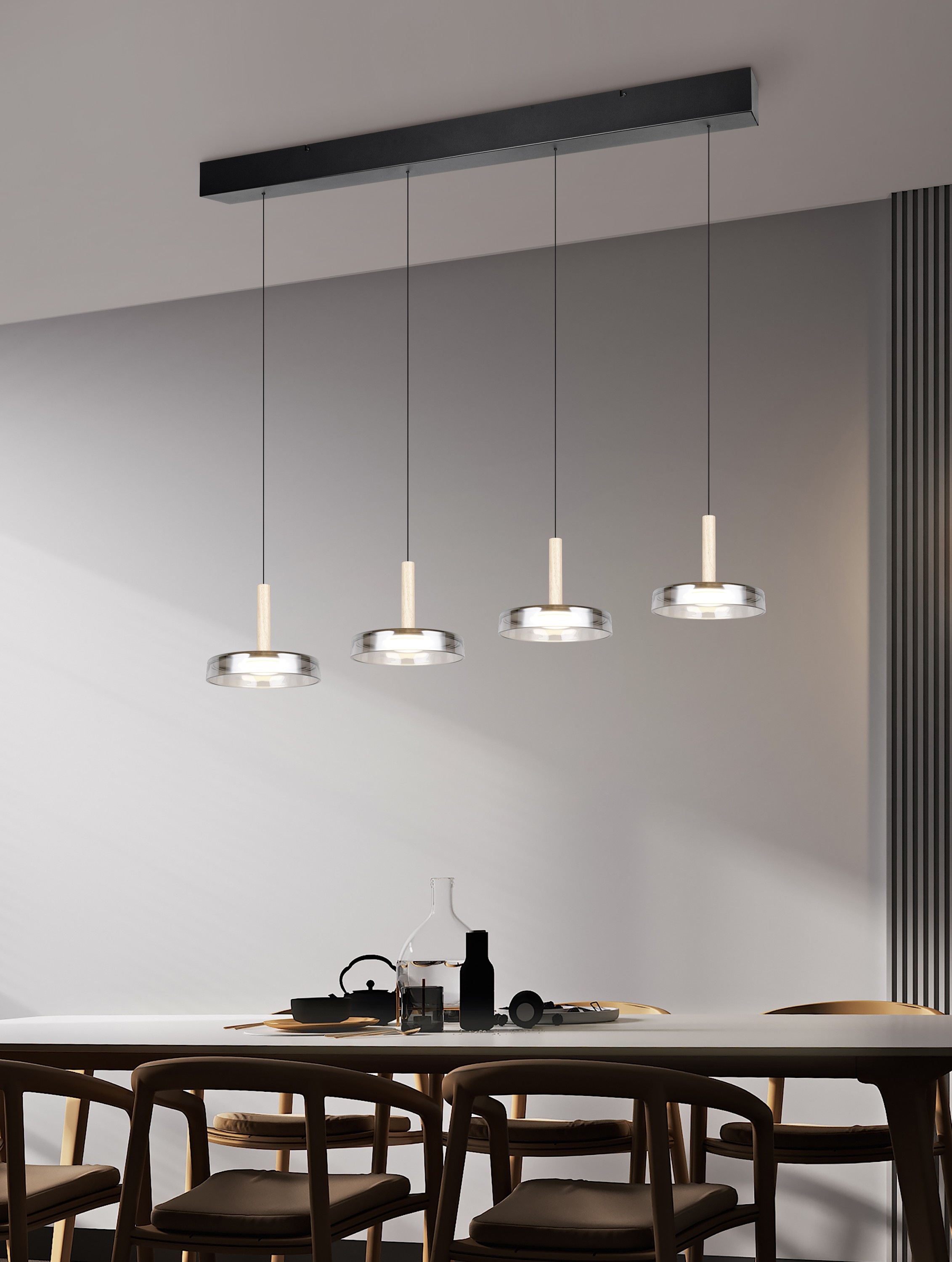 TRIO Leuchten LED Pendelleuchte »CELESTE dimmbare LED Hängelampe aus Metall Glas & Holz, 7,5W 750 Lumen«, 4 flammig, Leuchtmittel LED-Board | LED fest integriert, 4-flammig einfach höhenverstellbar von 50-200 cm 3-Stufen Dimmfunktion