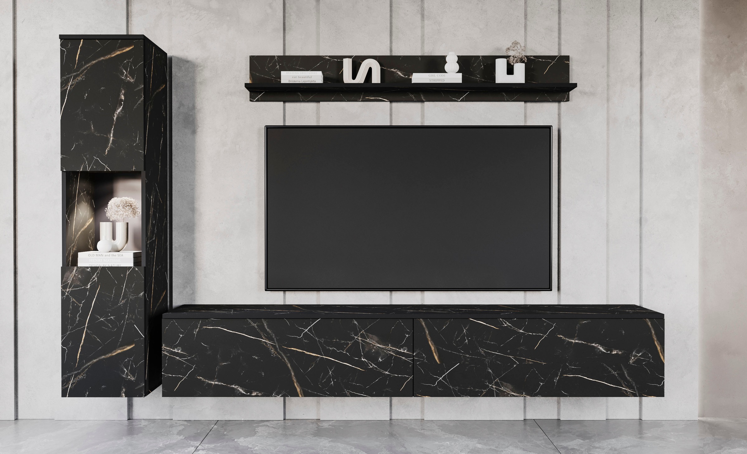 INOSIGN Wohnwand »PARIS, Vitrine Türanschlag links/rechts wechselbar«, (Komplett-Set, 3 St.), grifflose Design, stehend und hängend montierbar