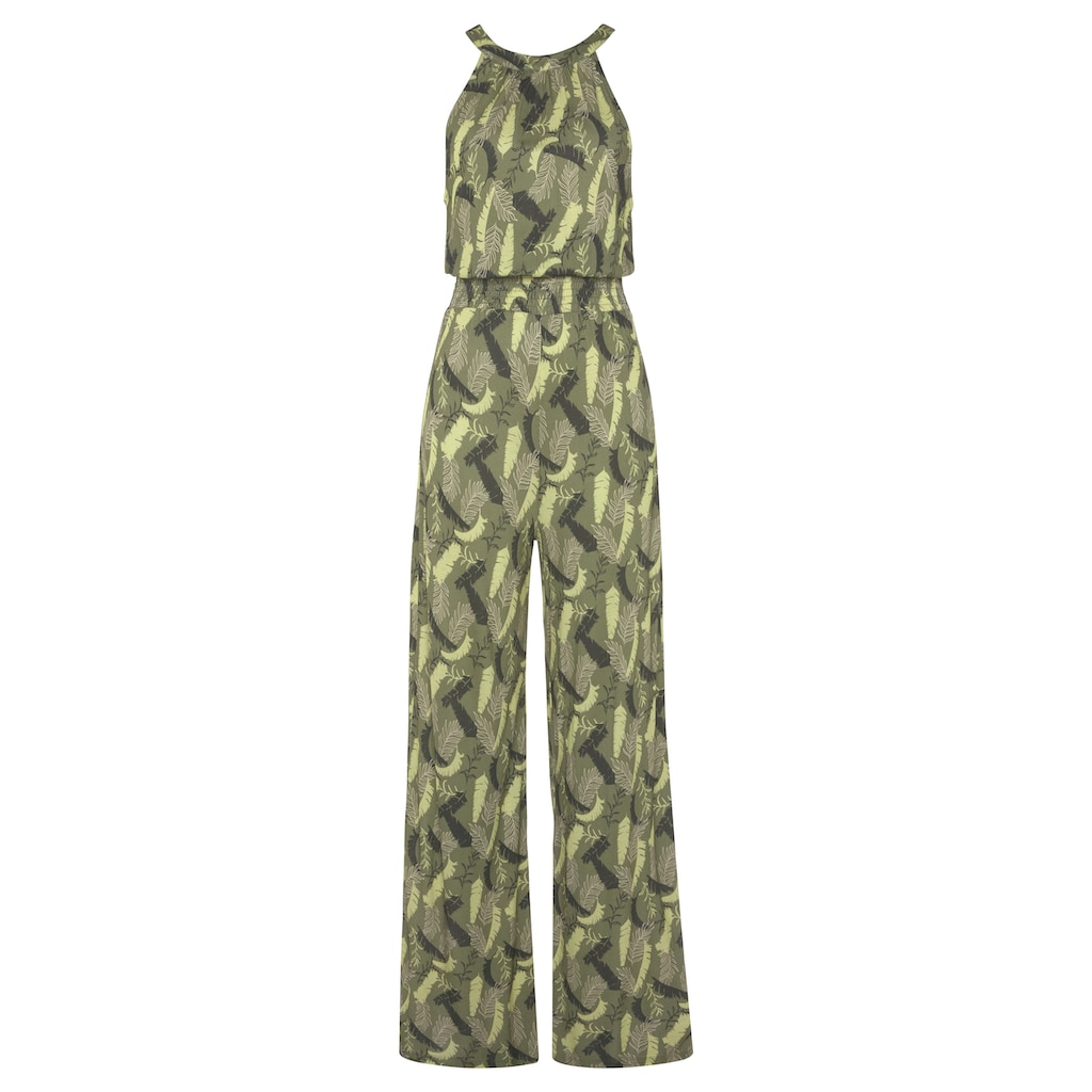 s.Oliver Overall, mit Blätterdruck und breitem Smokeinsatz, sommerlicher Jumpsuit