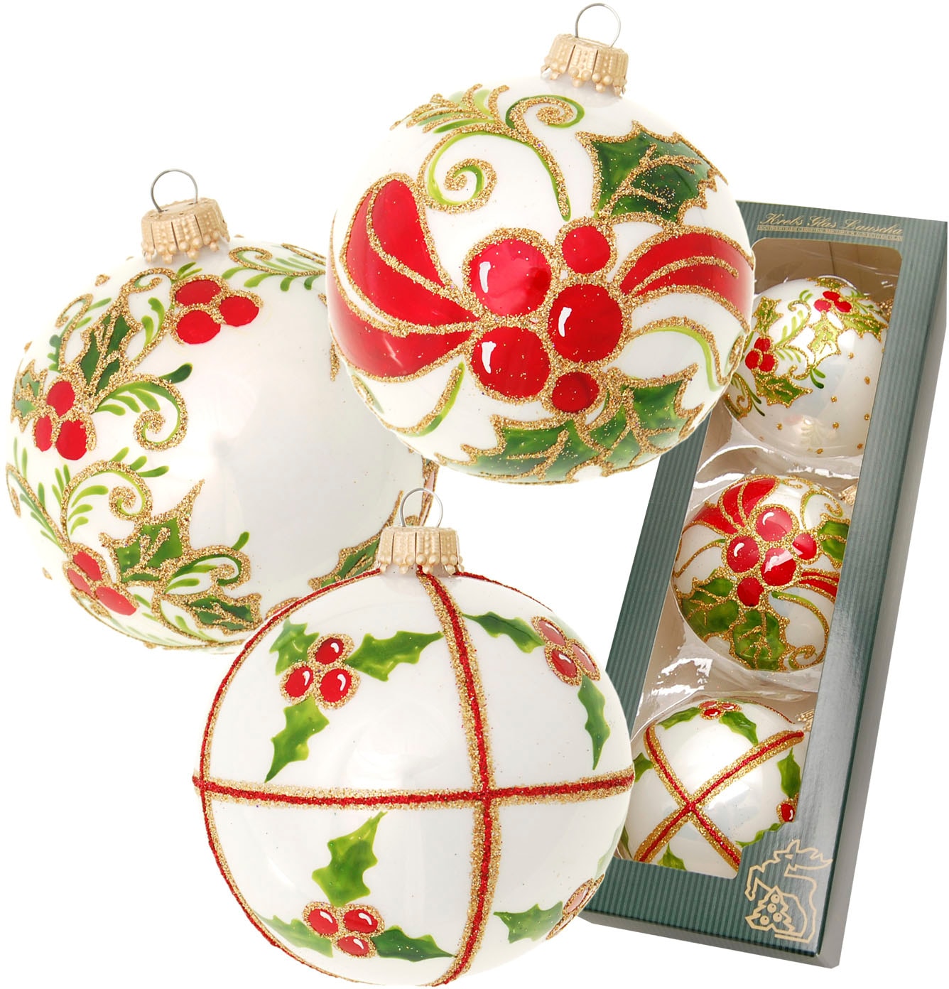 (Set, und Weihnachtsdeko, Christbaumkugeln mundgeblasen St.), aus Lauscha Christbaumschmuck, Krebs 3 handbemalt«, Glas Glas Weihnachtsbaumkugel bestellen »Stechpalme,