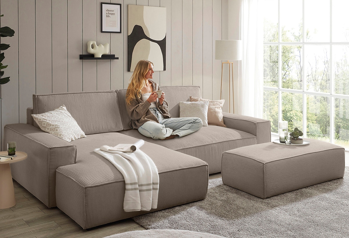 Home affaire Polsterecke »NEU: SHERWOOD XXL tief, L-Form mit Schlaffunktion, Big-Sofa mit Hocker«, (Set, 2 St.), stellbar zum Schlafsofa (Krokodilverbinder), Cord, Leinenoptik