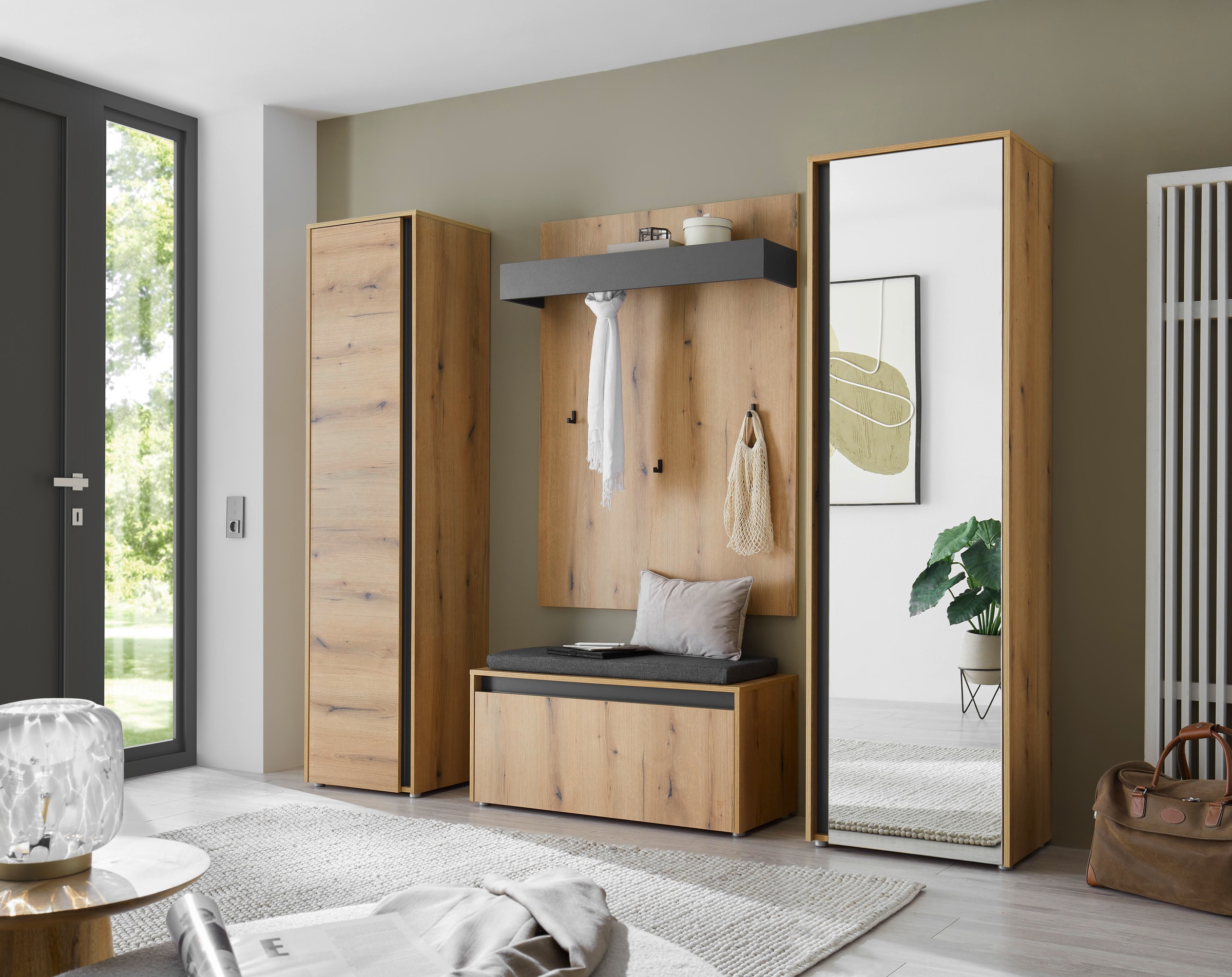 INOSIGN Garderoben-Set »GIRON/CiTY, moderne Garderobe, Komplettset mit viel Stauraum«, (Komplett-Set, 4 St.), enthält Garderobenschränke, Paneel & Schuhbank +Sitzkissen