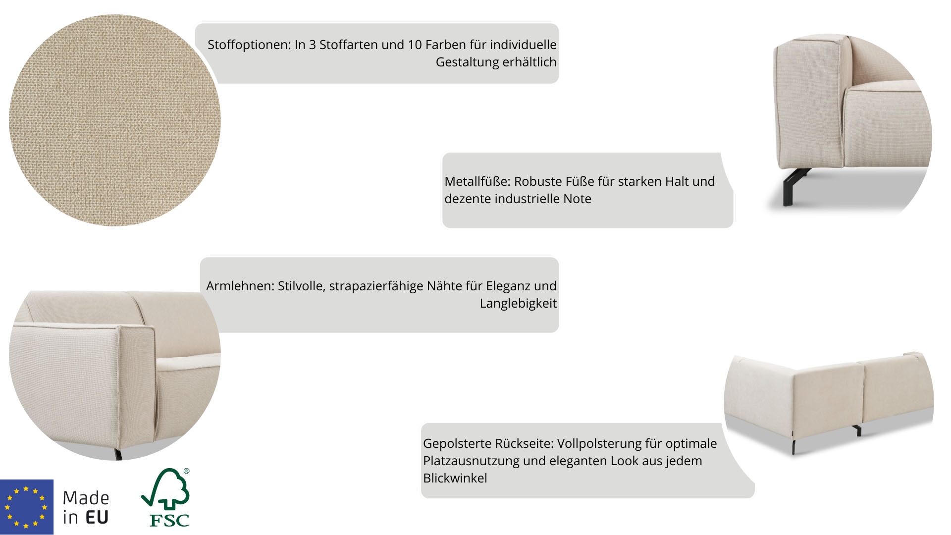 Places of Style Ecksofa Lorcan, in Lederoptik oder Strukturstoff lieferbar