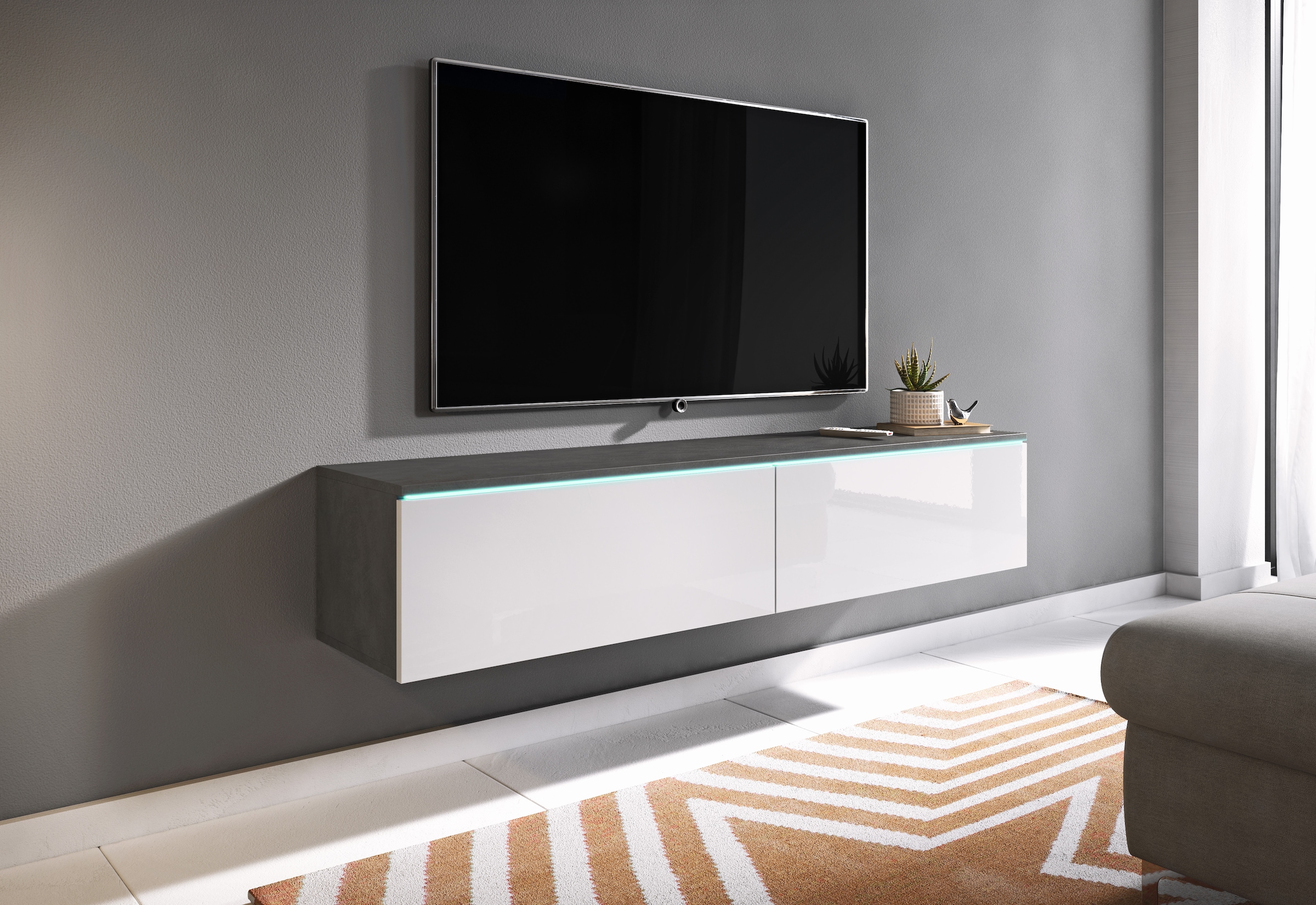 INOSIGN Lowboard »LOWBOARD D, wahlweise mit oder ohne Beleuchtung«, modernes TV-Board ohne Griffe, mit viel Stauraum,stehend und hängend