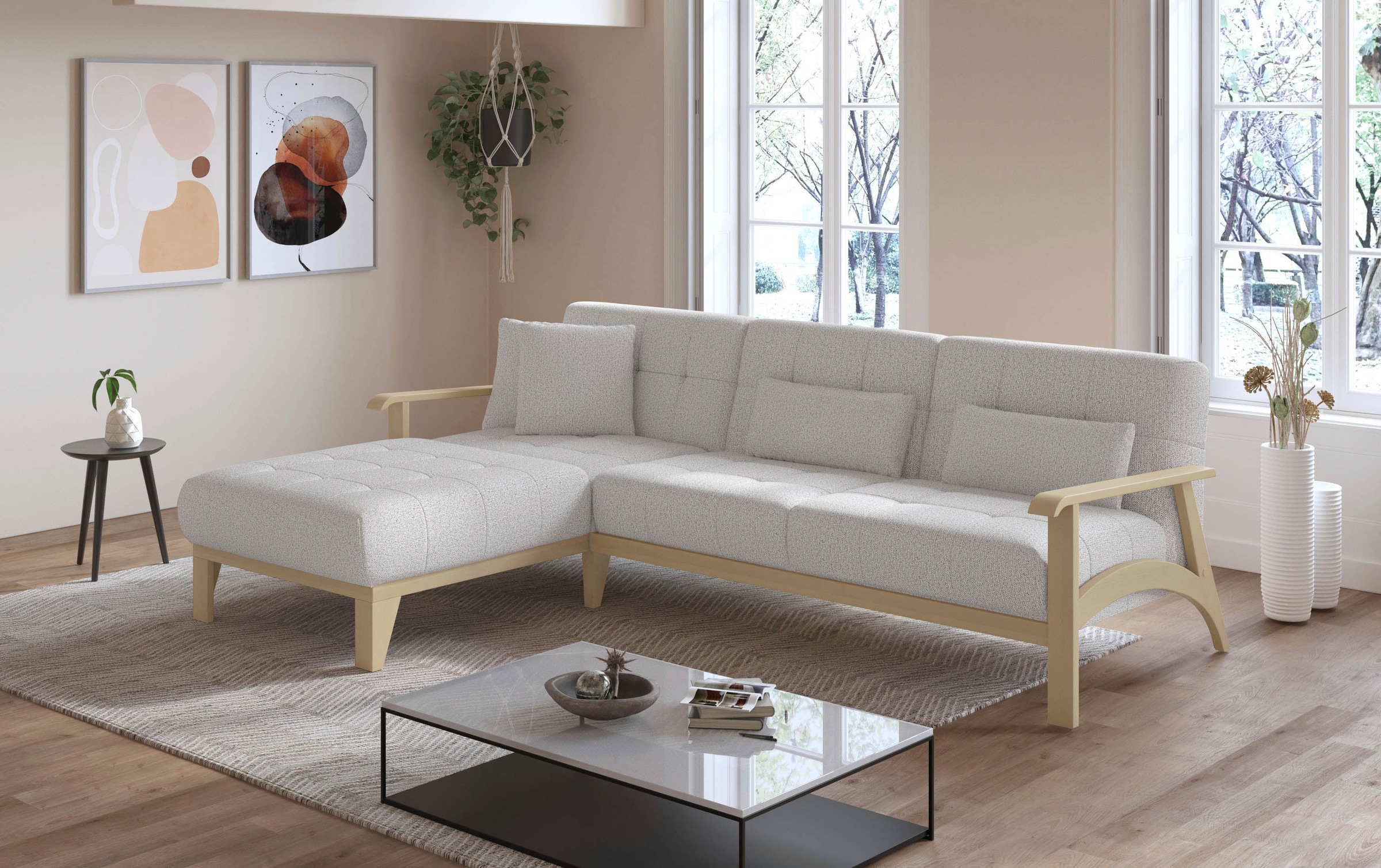 sit&more Ecksofa »Billund L-Form«, Armlehnen aus Buchenholz in natur, verschiedene Bezüge und Farben
