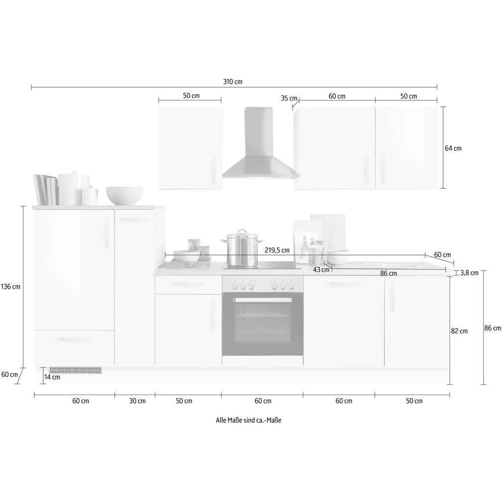 Menke Küchen Küchenzeile »White Premium«, Küchenzeile mit E-Geräten, Breite 310 cm
