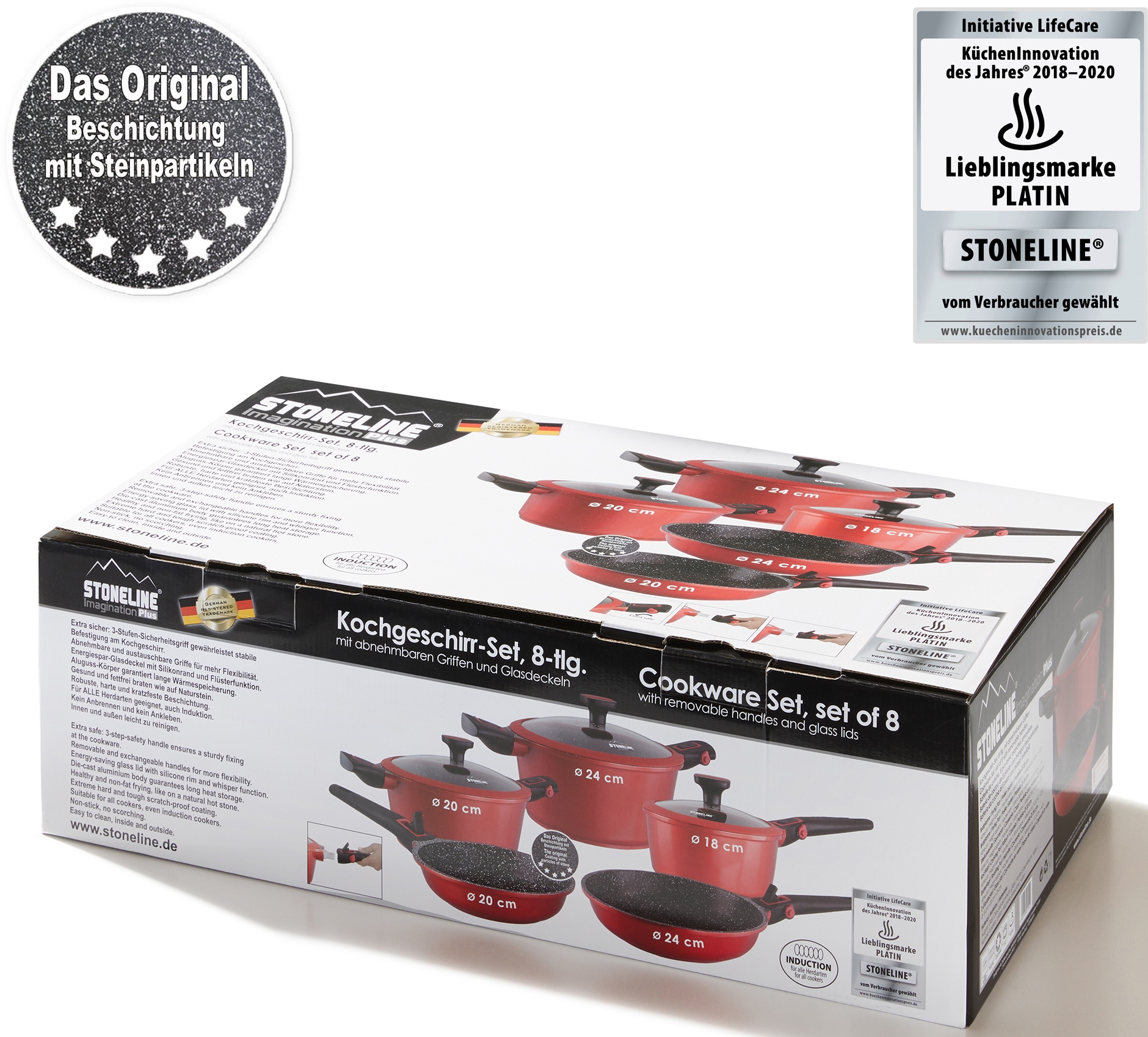 STONELINE Topf-Set »Imagination PLUS«, Aluminiumguss, (8 tlg., Kasserolle 18 cm, Bratentopf 24 cm, Kochtopf 20 cm, Pfanne 20/24 cm), mit abnehmbaren 3-Stufen-Sicherheitsgriffen, Induktionsgeeignet