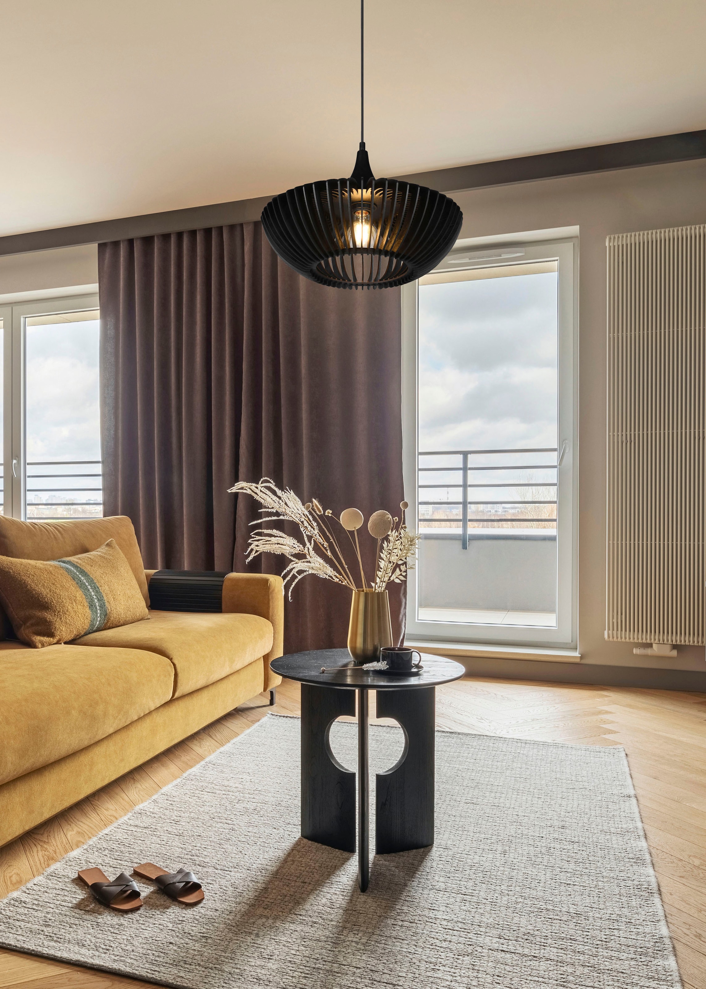 TRIO Leuchten Pendelleuchte »Colino«, 1 flammig, Leuchtmittel E27 | ohne Leuchtmittel, Hängelampe mit Holzschirm Ø40cm höhenverstellbar bis 150cm, exkl 1xE27