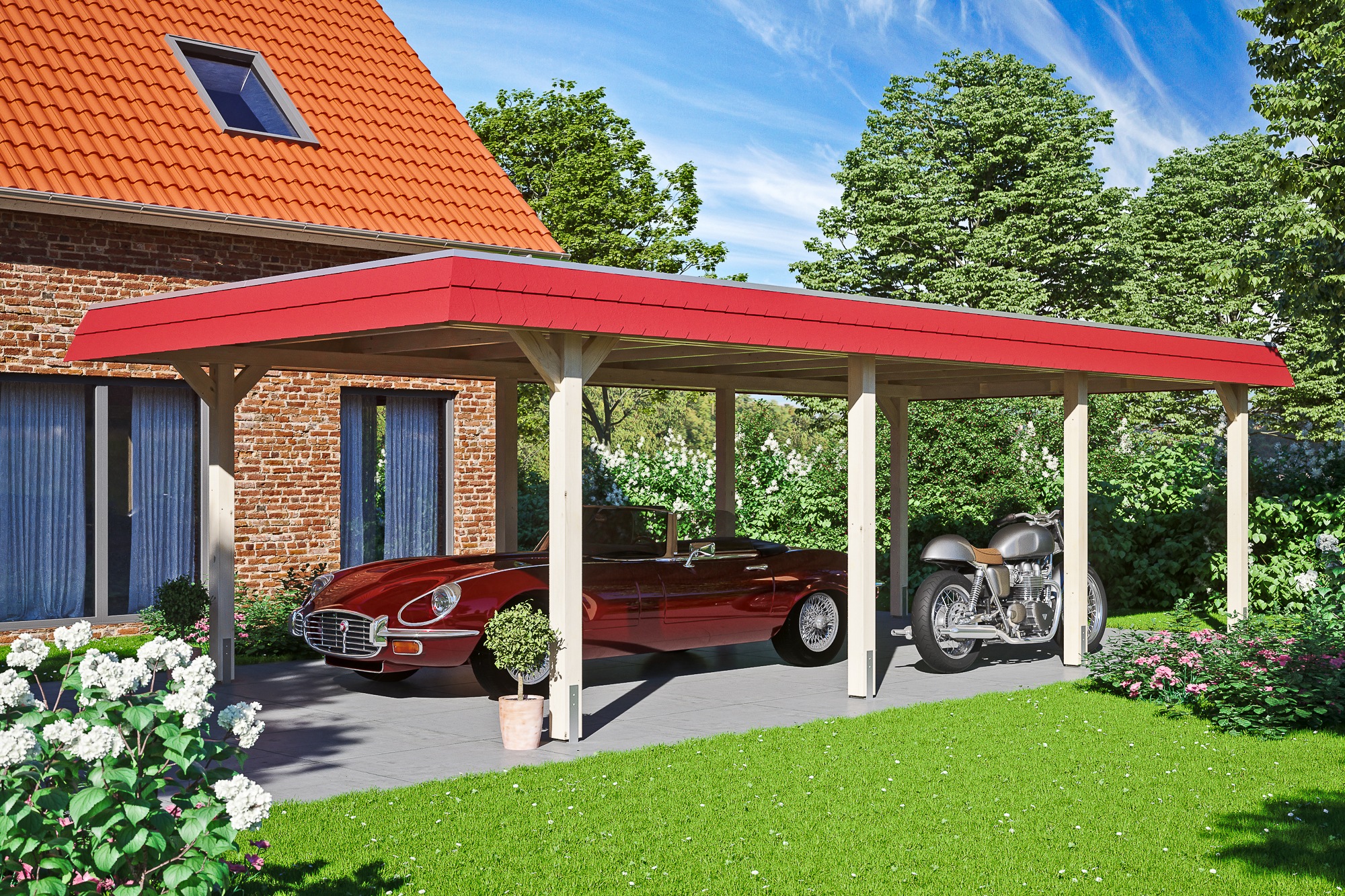 Skanholz Einzelcarport »Wendland« Massivholz 341 cm Natur mit EPDM-Dach, rote Blende
