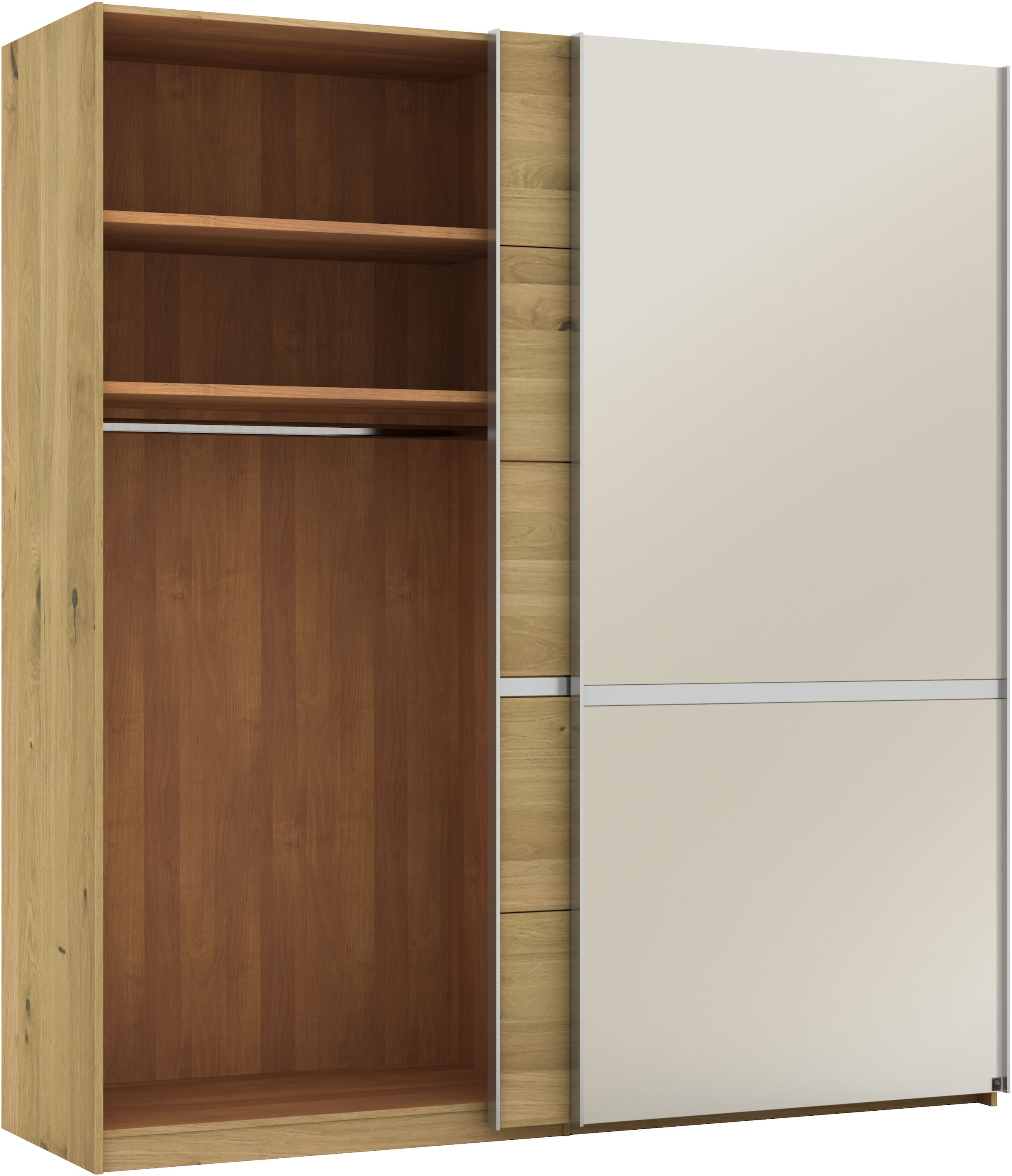 Musterring Schwebetürenschrank »Savona, Kleiderschrank, Schrank, Garderobe, mit Schiebetüren«, (Teilmassiv Bianco-Eiche, mit Spiegel oder Glas, MADE IN GERMANY), Türen Bianco-Eiche massiv, Spiegel-/Glastüren, eingelegte Chromleiste