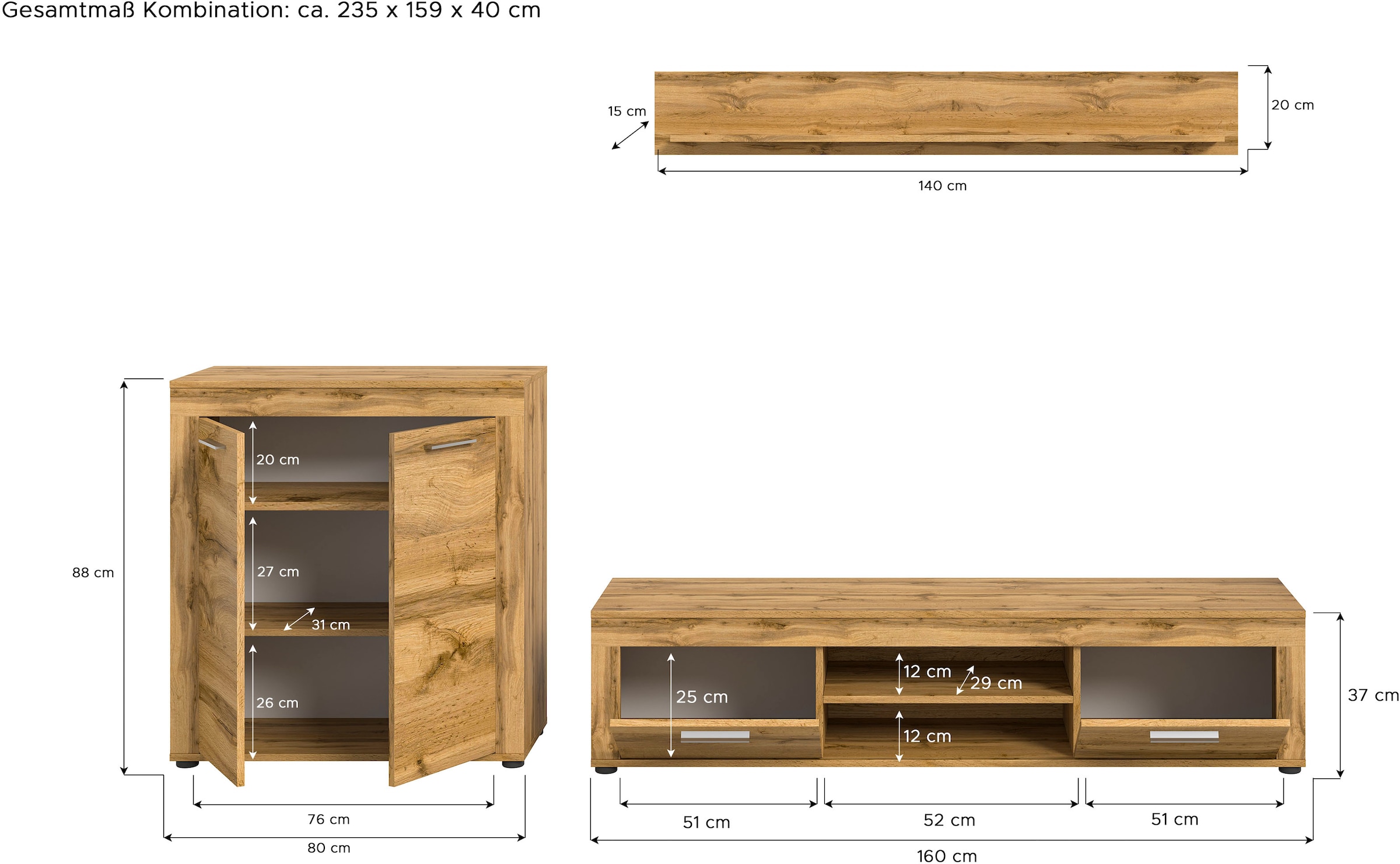 INOSIGN Wohnwand »Aosta, Breite 255cm, bestehend aus Highboard, Lowboard, Wandboard«, (3 St.), Wohnwand, Kombination, Anbauwand, Möbel Set, Schrankwand, Möbel Kombi