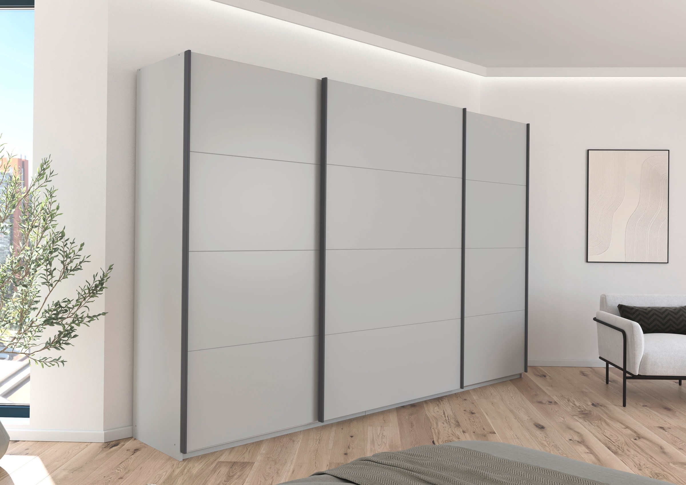 rauch Schwebetürenschrank »Kleiderschrank Schrank Garderobe AGORDO mit Dekor- oder Hochglanzfront«, (in zwei Griff-Farben), durchdachte Innenausstattung, in 4 Breiten und 2 Höhen MADE IN GERMANY