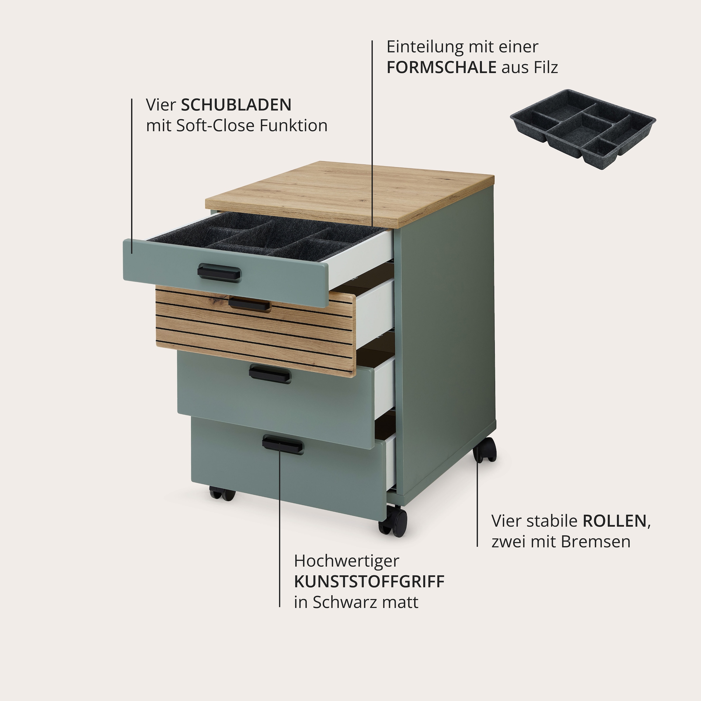 Innostyle Rollcontainer »Nachtkommode Glenn, 45 x 66 x 55 cm (B/H/T)«, (1 St.), inkl. Filzeinlage, 4 Rollen (2 mit Bremsen) oder Sockel, SK Soft-Close