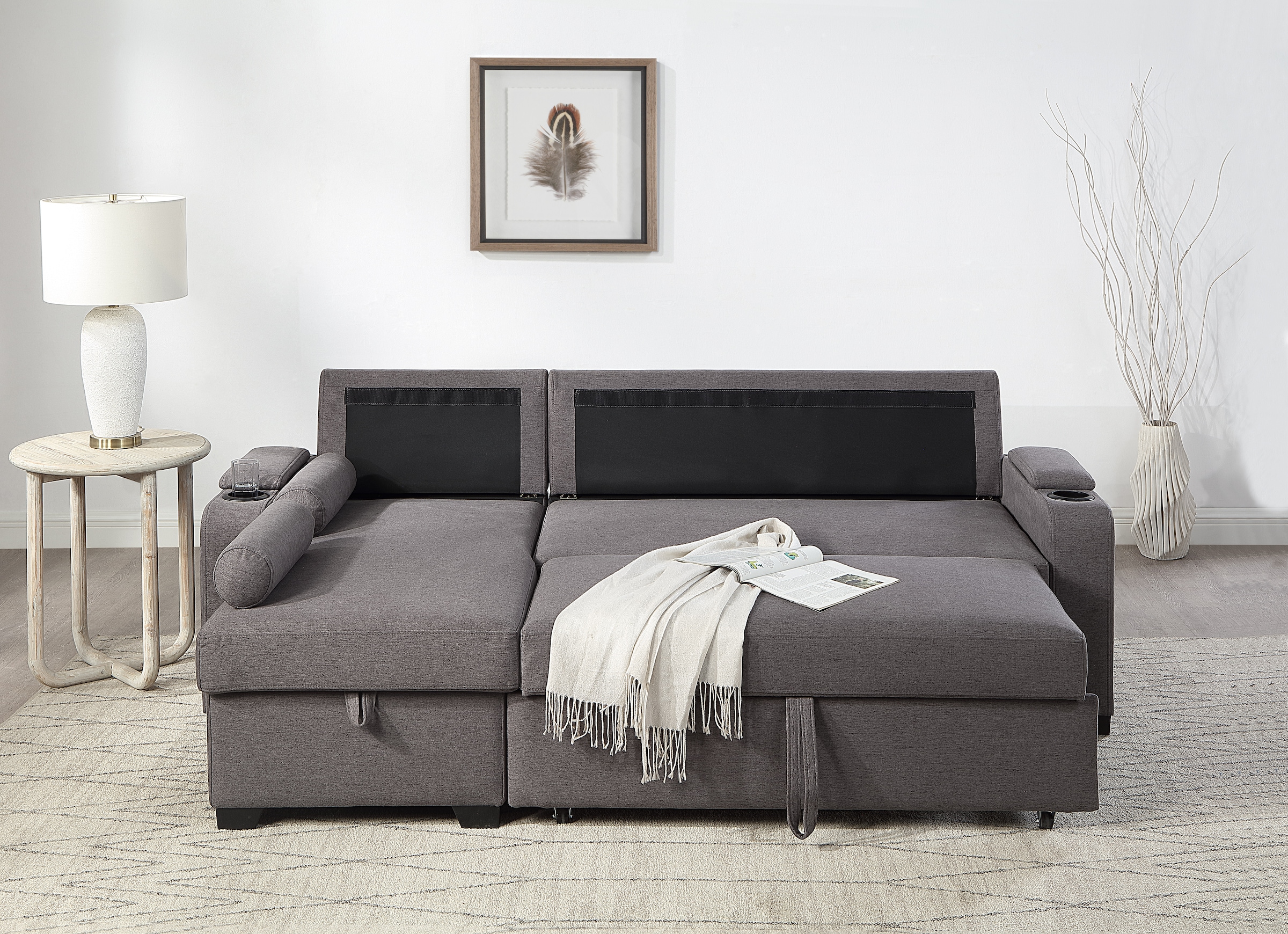ATLANTIC home collection Ecksofa »Gorje L-Form«, mit Schlaffunktion, Stauraum, Becherhalter, Staufächer & Kissenrollen