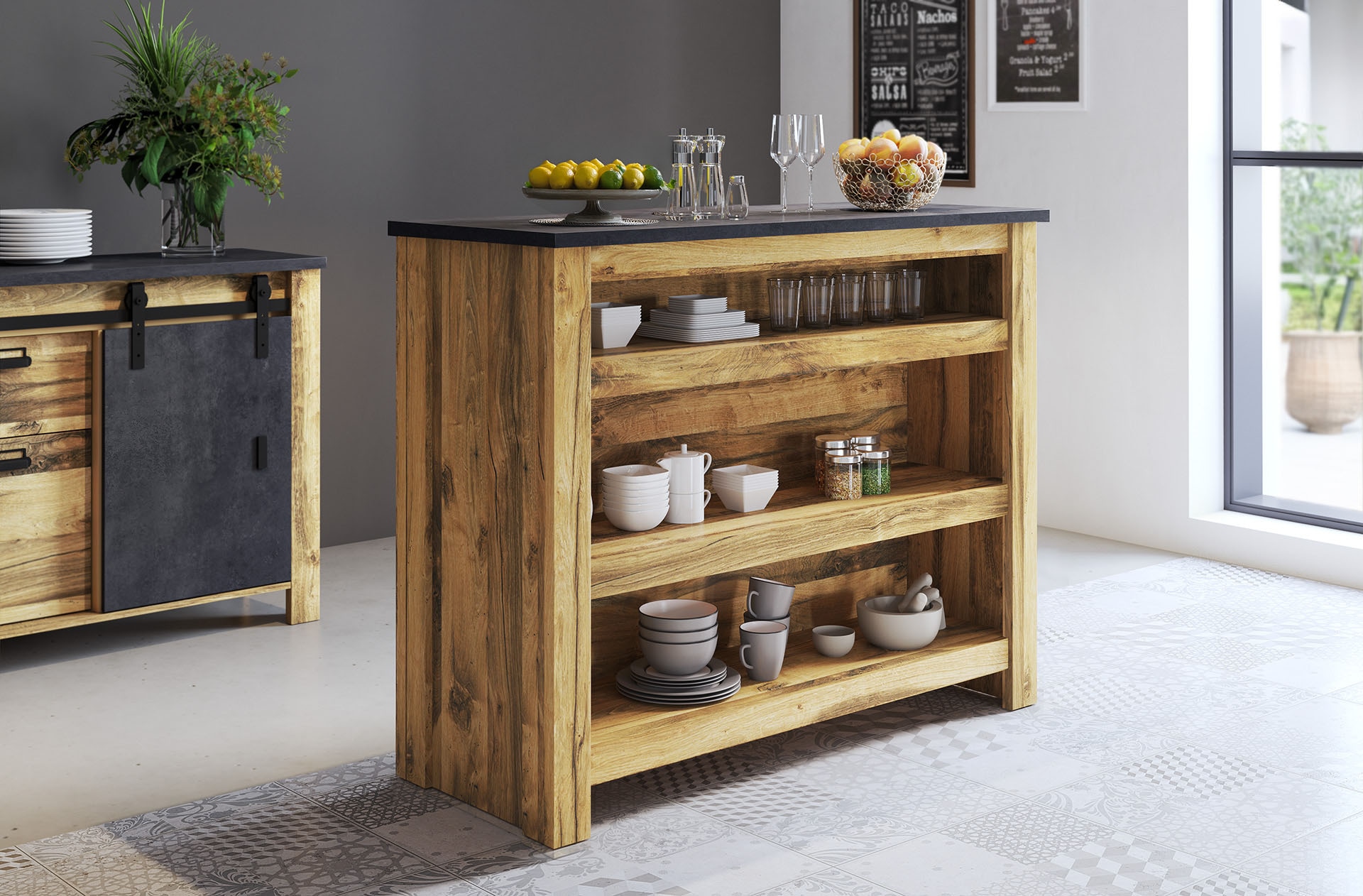 Home affaire Barschrank »York, moderne Küchentheke im Industrialdesign«, mit Handtuchstange aus Metall, ausreichend Stauraum, 130 cm breit