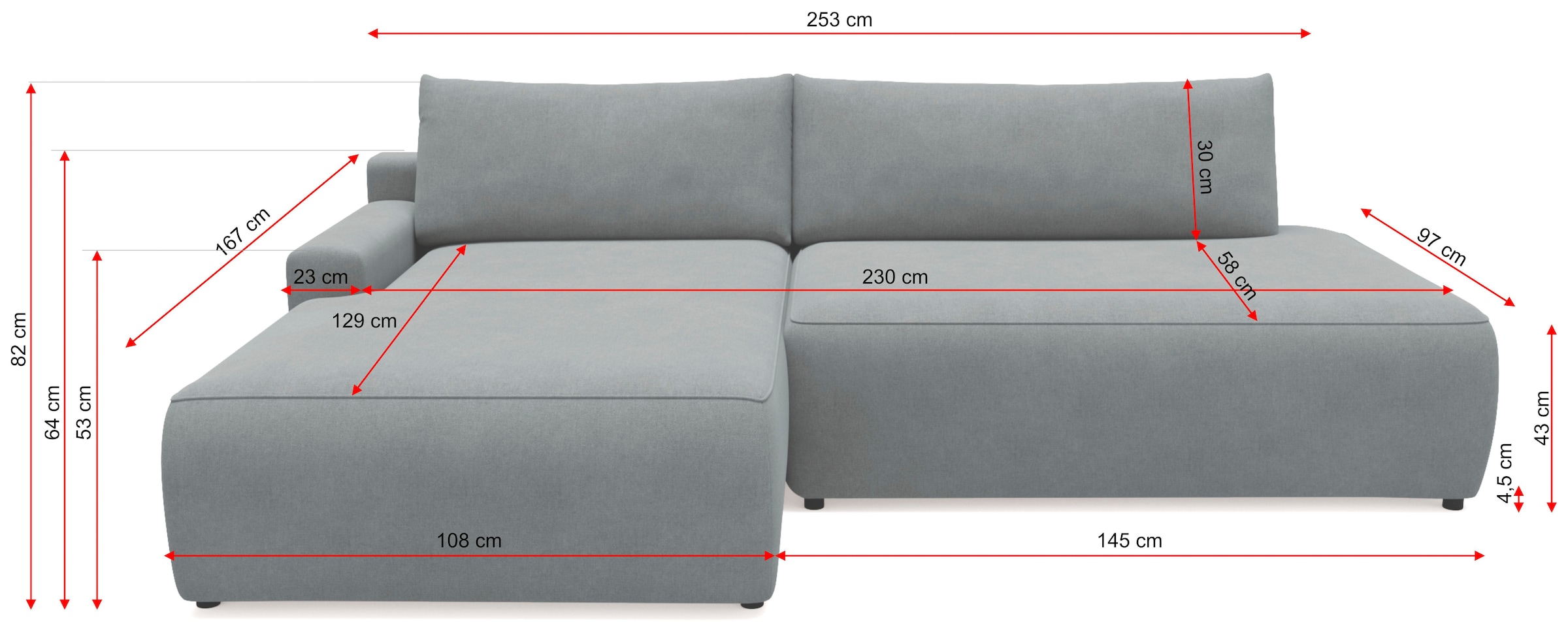 TRENDMANUFAKTUR Ecksofa »Prag, Schlafsofa mit Bettkasten, Couch in L-Form, Breite 253 cm« in feinem Strukturstoff, anthrazit, Recamiere links