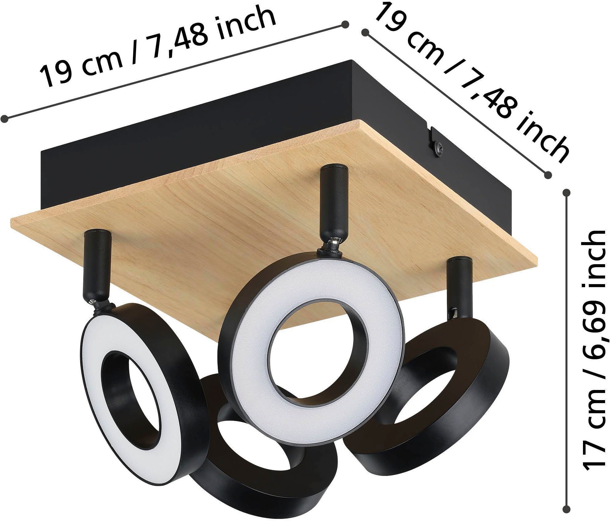 EGLO Deckenleuchte »Rielves Deckenlampe, Holz und Metall, Spotbalken schwenkbar, Lampe« LED-Modul 1 Stk. Warmweiß Spot - L17 x B17 x H17,5 cm - braun, schwarz - 4X4,2W inkl.