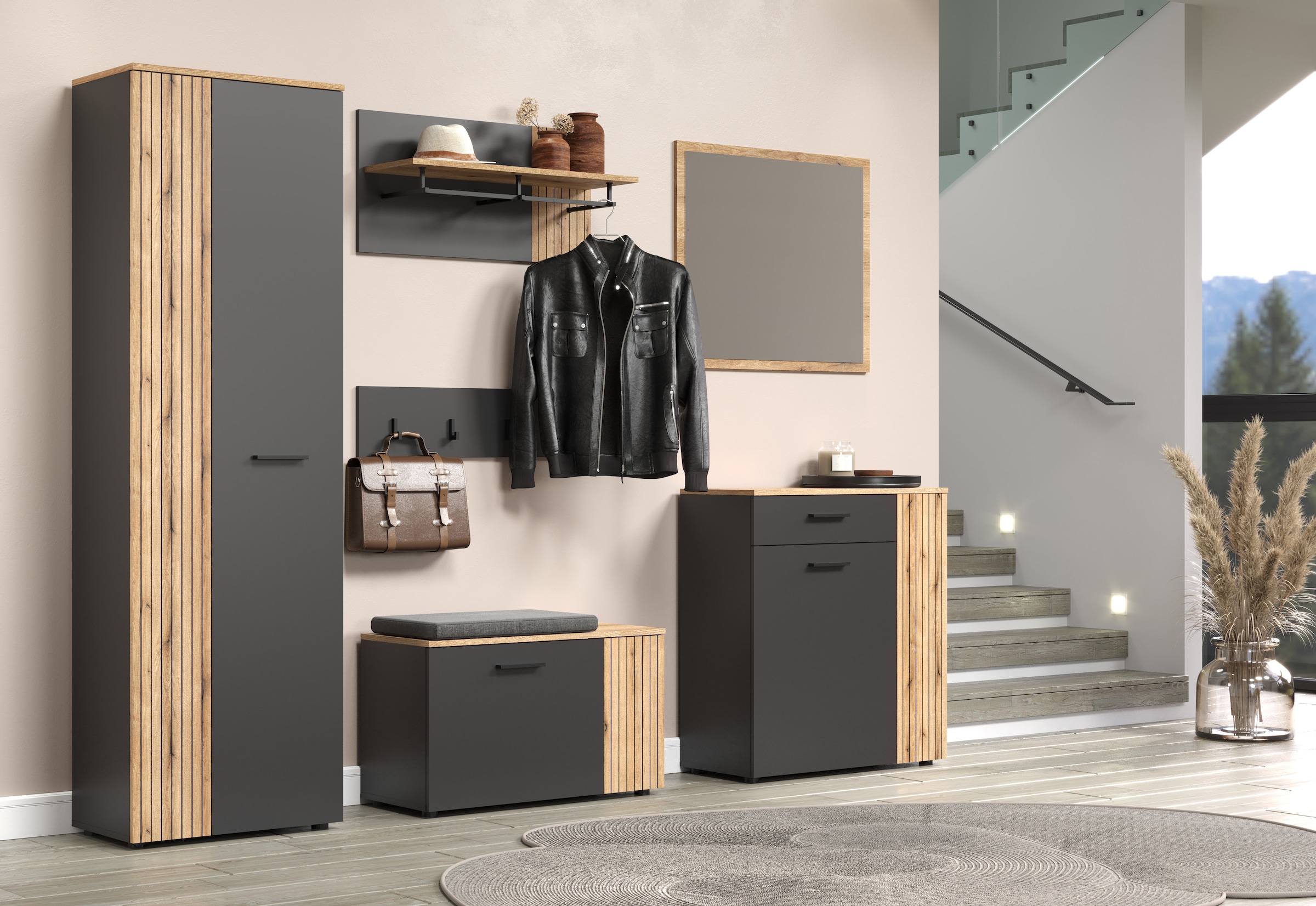 INOSIGN Garderoben-Set »Estepona«, (Komplett-Set, 6 St.), Garderobenmöbel mit Rillenoptik - Maße (B/T/H) 250/36/195 cm