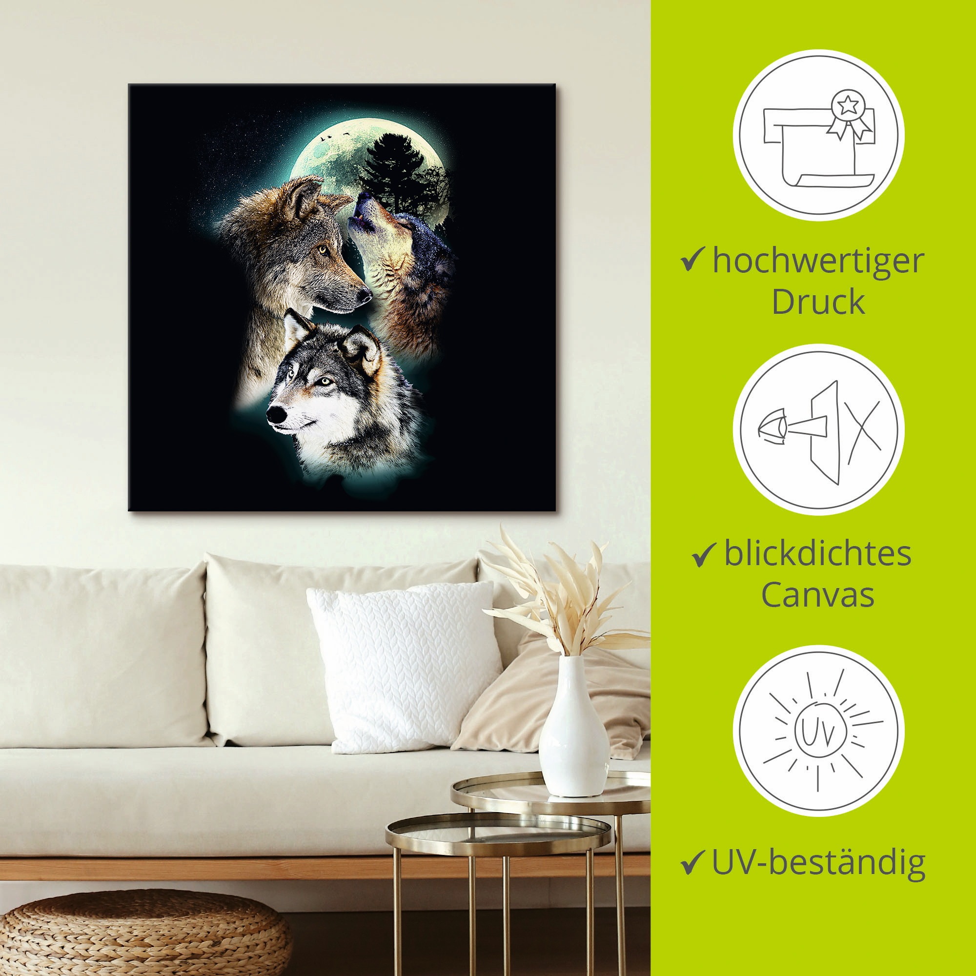 Artland Wandbild »Phantasie Wolf Wölfe mit Mond«, Wildtiere, (1 St.), als Leinwandbild, Poster, Wandaufkleber in verschied. Größen