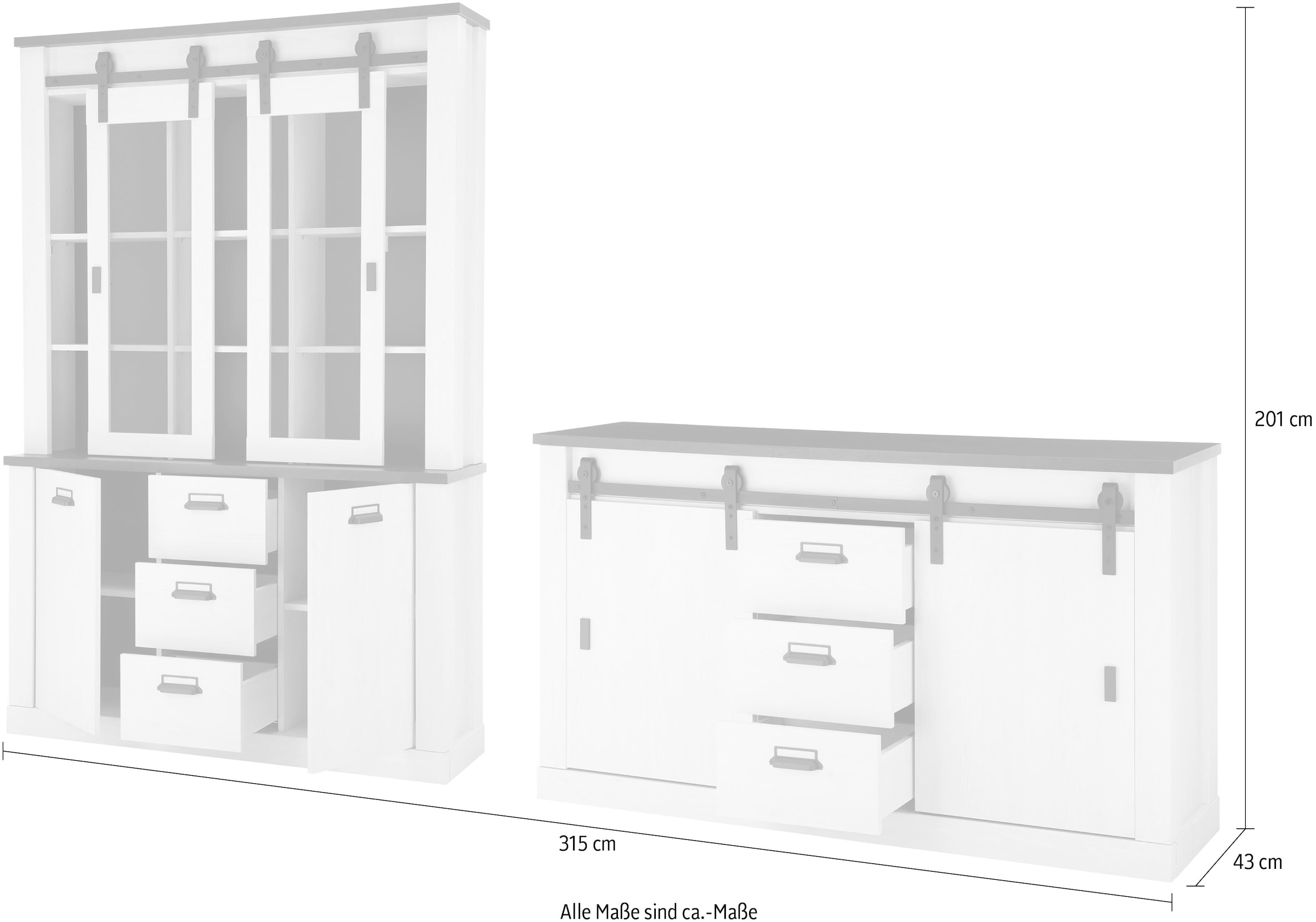 Home affaire Wohnwand »SHERWOOD«, (2 St.), Scheunentorbeschlag und Apothekergriffe aus Metall, Höhe 201 cm