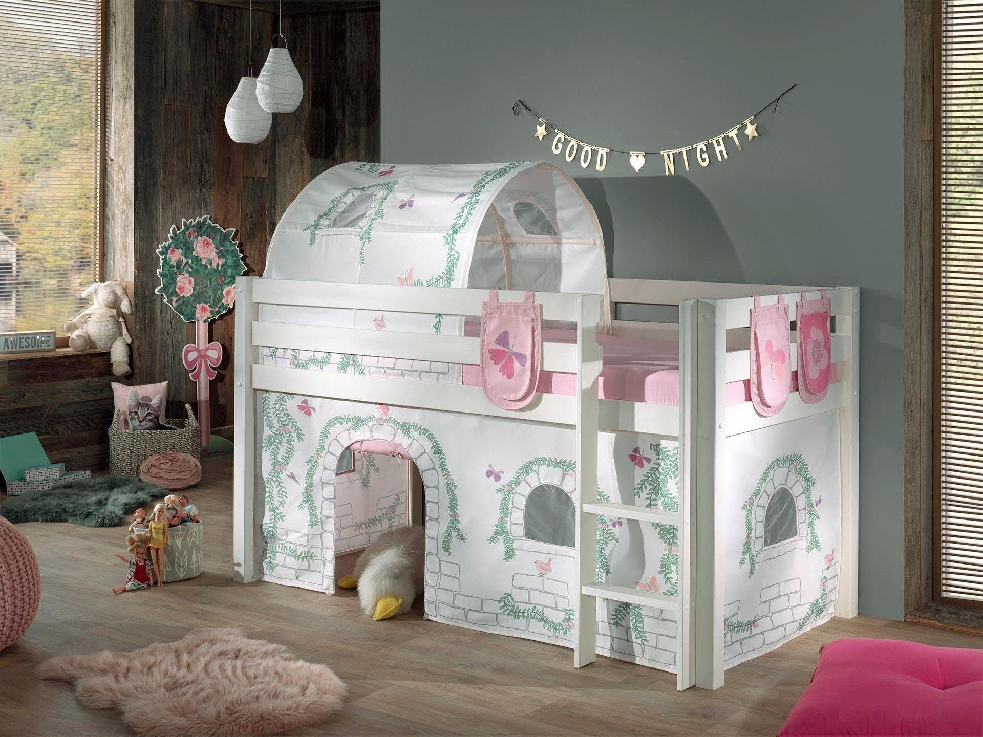 Vipack Hochbett »Pino«, (Made in Europe), Massivholz, Textil-Set "Birdy", wahlweise mit Rutsche und Bett-Tunnel
