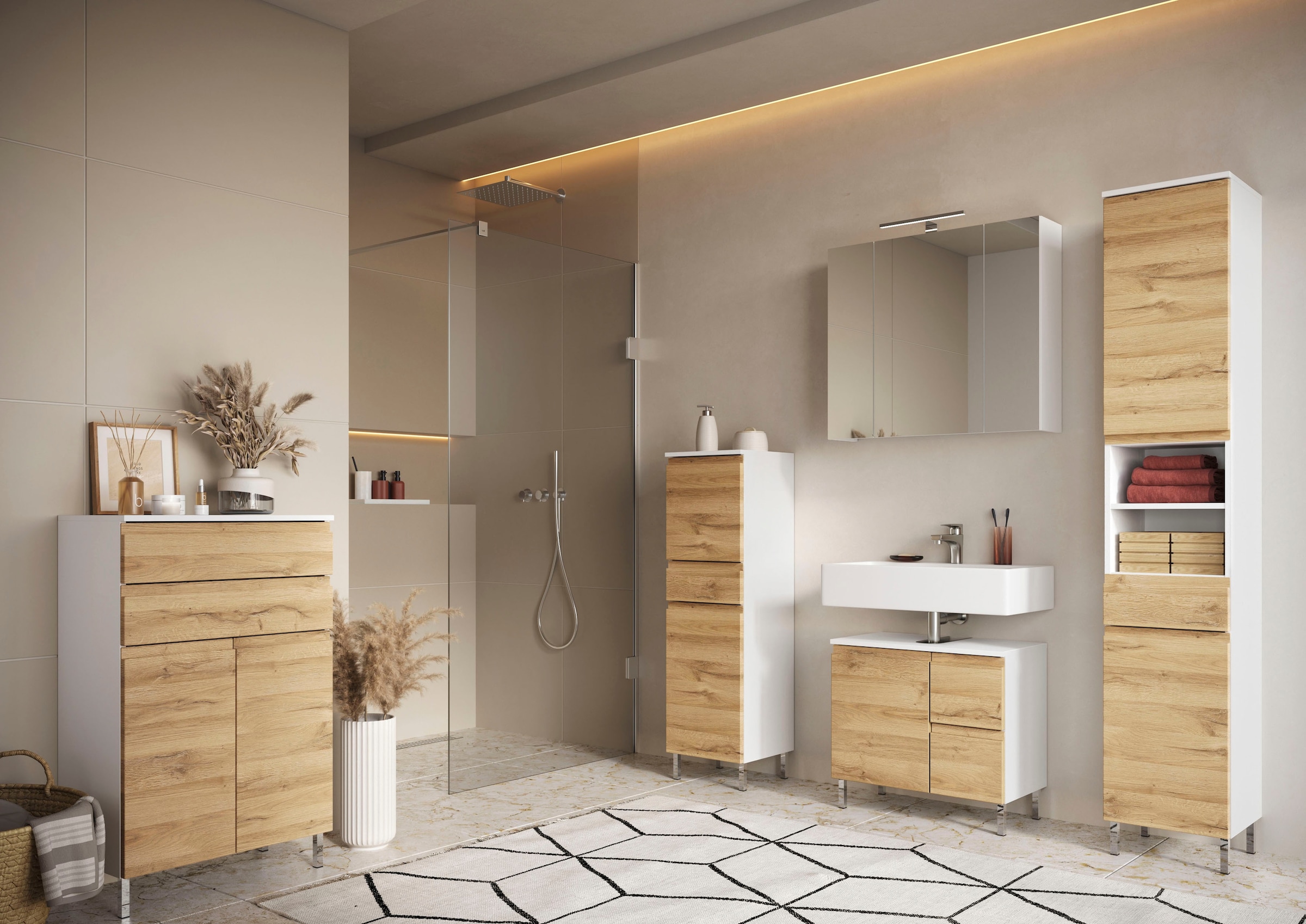 GERMANIA Badmöbel-Set »Torrance«, (4 St.), Unterschrank, Spiegelschrank mit Beleuchtung, Kommode und Hochschrank