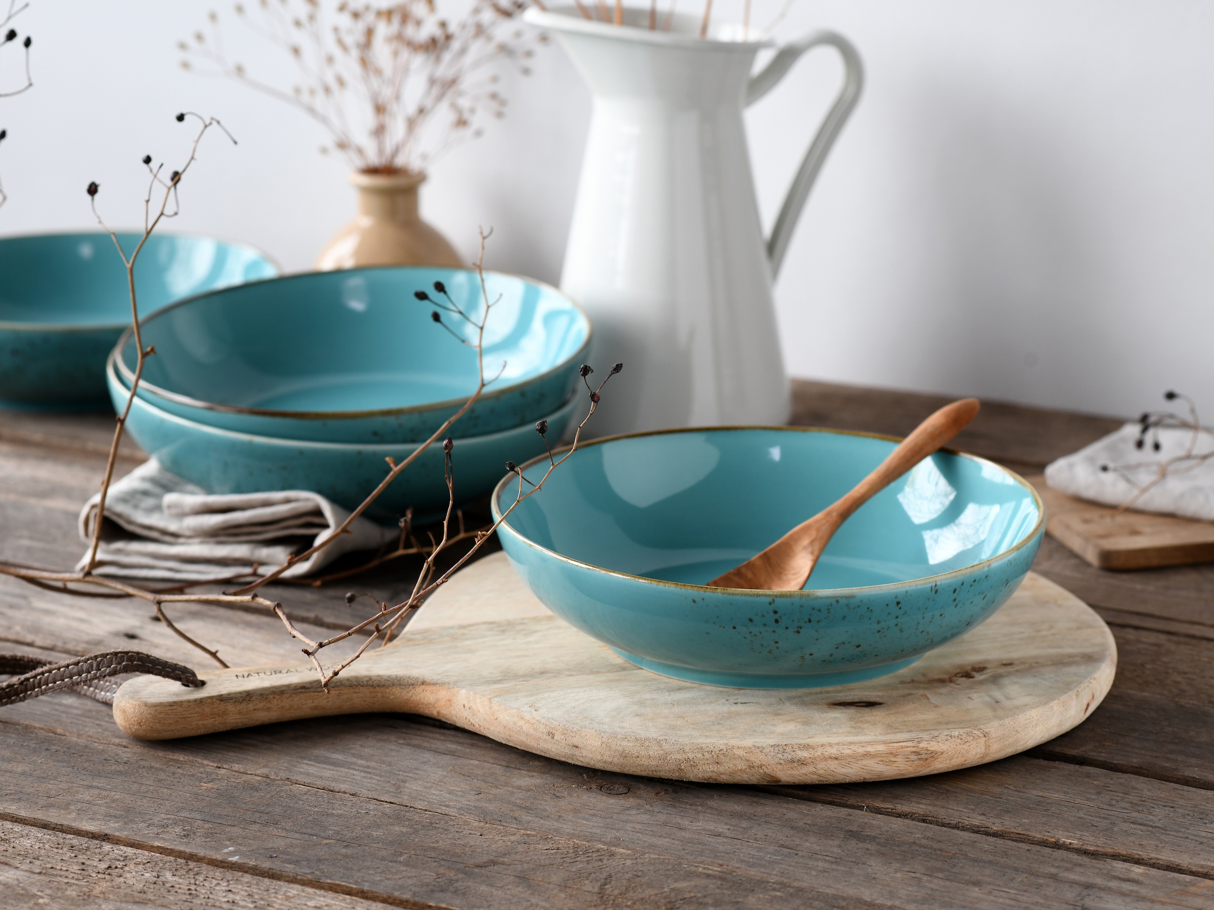 CreaTable Schale »Nature Collection, Poke Bowl, Ø 22,5 cm, 4-tlg«, 4 tlg., aus Steinzeug, Handwerklicher Look, Vintage, Höhe 5 cm