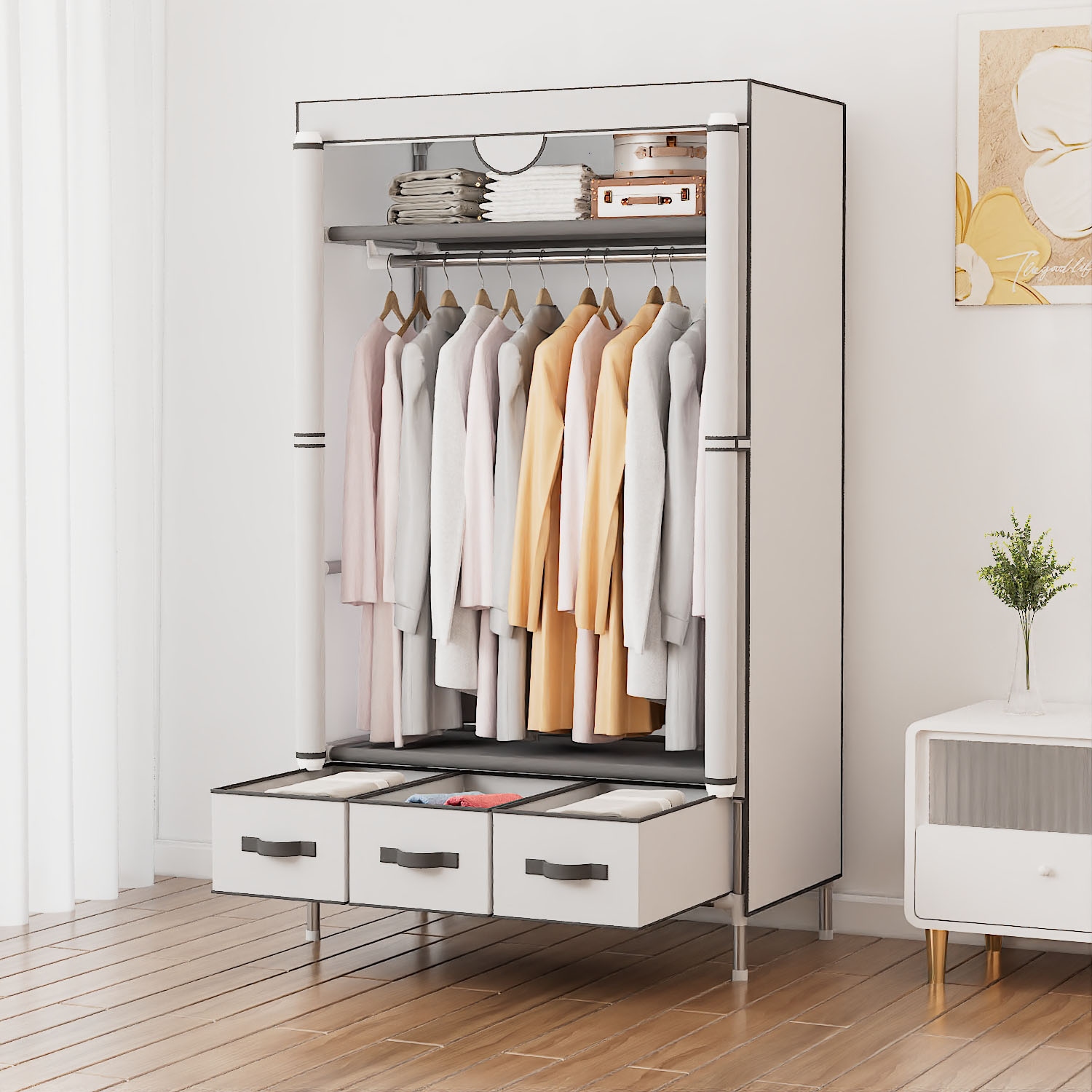 INOSIGN Kleiderschrank »Stockholm Stoffkleiderschrank Bestseller in diversen Ausführungen«, (Stabile Konstruktion mit Schubladen in vielen Breiten erhältlich), Schlafzimmer Garderobe Schrank Stoffkleiderschrank mit viel Stauraum