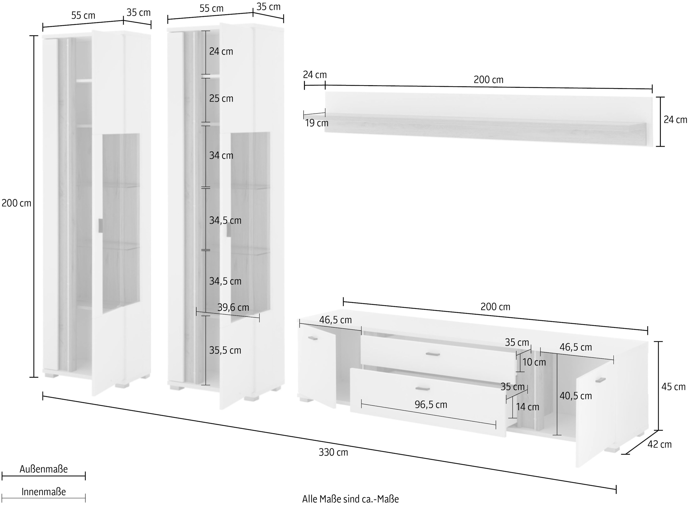 INOSIGN Wohnwand »LONG ISLAND«, (Set, 4 St.), in moderner Trendfarbe,inklusive senkrechter Beleuchtung,Breite 330 cm