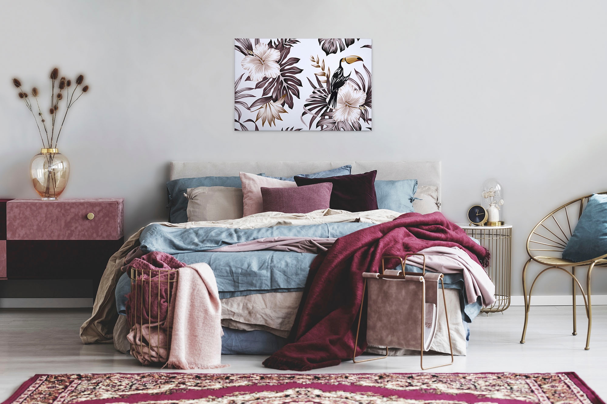 A.S. Création Leinwandbild »Toucan«, Kunst-Blumen-Kinder, (1 St.), Palmenblätter Hibiskus Dschungel Keilrahmen Leinwand-Bild Wohnzimmer