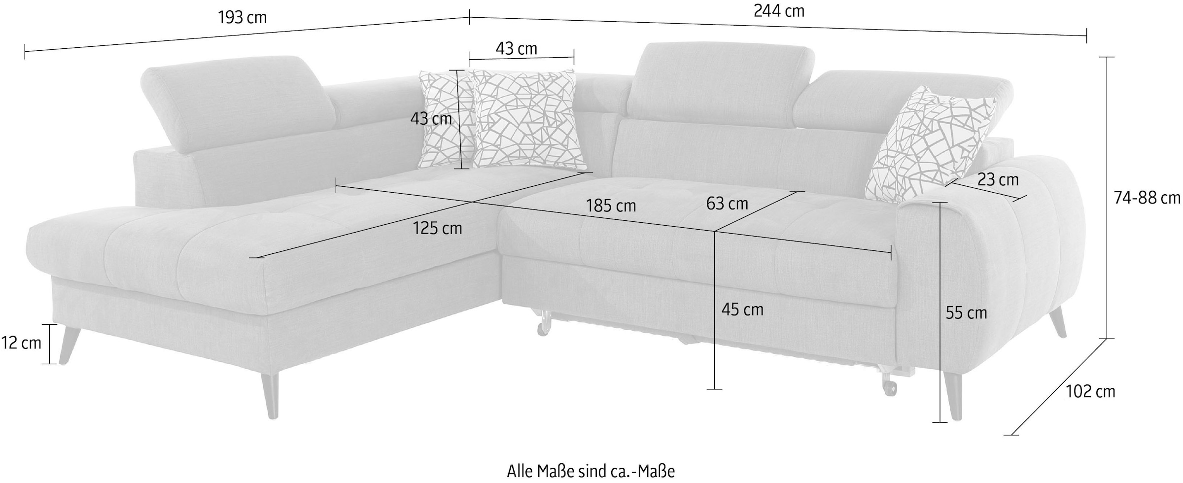 COTTA Ecksofa »Mia L-Form mit 3 Zierkissen«, wahlweise mit Bettfunktion, Bettkasten, Beleuchtung & Wireless-Charger