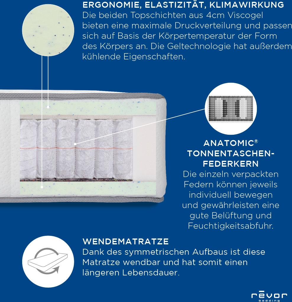 Revor Bedding Taschenfederkernmatratze »Anatomic FIX 500 Visko«, 28 cm hoch, Raumgewicht: 50 kg/m³, 1500 Federn, (1 St.), mit Kaschmirbezug
