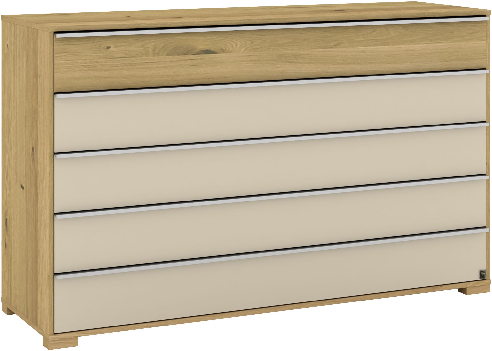 Musterring Schubkastenkommode »Savona Sideboard, Wäscheschrank, mit Schubladen, teilmassiv, 141 cm«, (Bianco-Eiche, mit Glas, mit Selbsteinzug und Dämpfung, MADE IN GERMANY), Fronten in Bianco-Eiche massiv und Glas Champagner, B141 x H 86cm